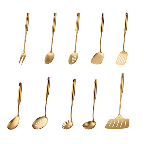 10-Piece Gold Cooking Utensil Set - 304 Stainless Steel Spatula, Spoon & Tongs - Durable Metal Kitchen Tools for Baking, Frying & Serving - Perfect for Home Chefs & Restaurant Use