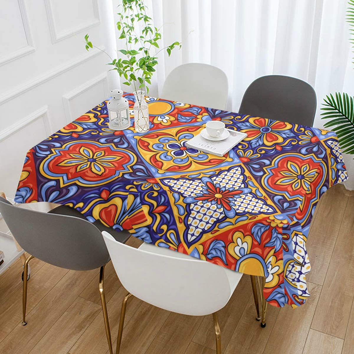 Stylish Talavera Ceramic Tile Tablecloth - Elegant Dining & Kitchen Decor for Home, Parties, and Outdoor Gatherings