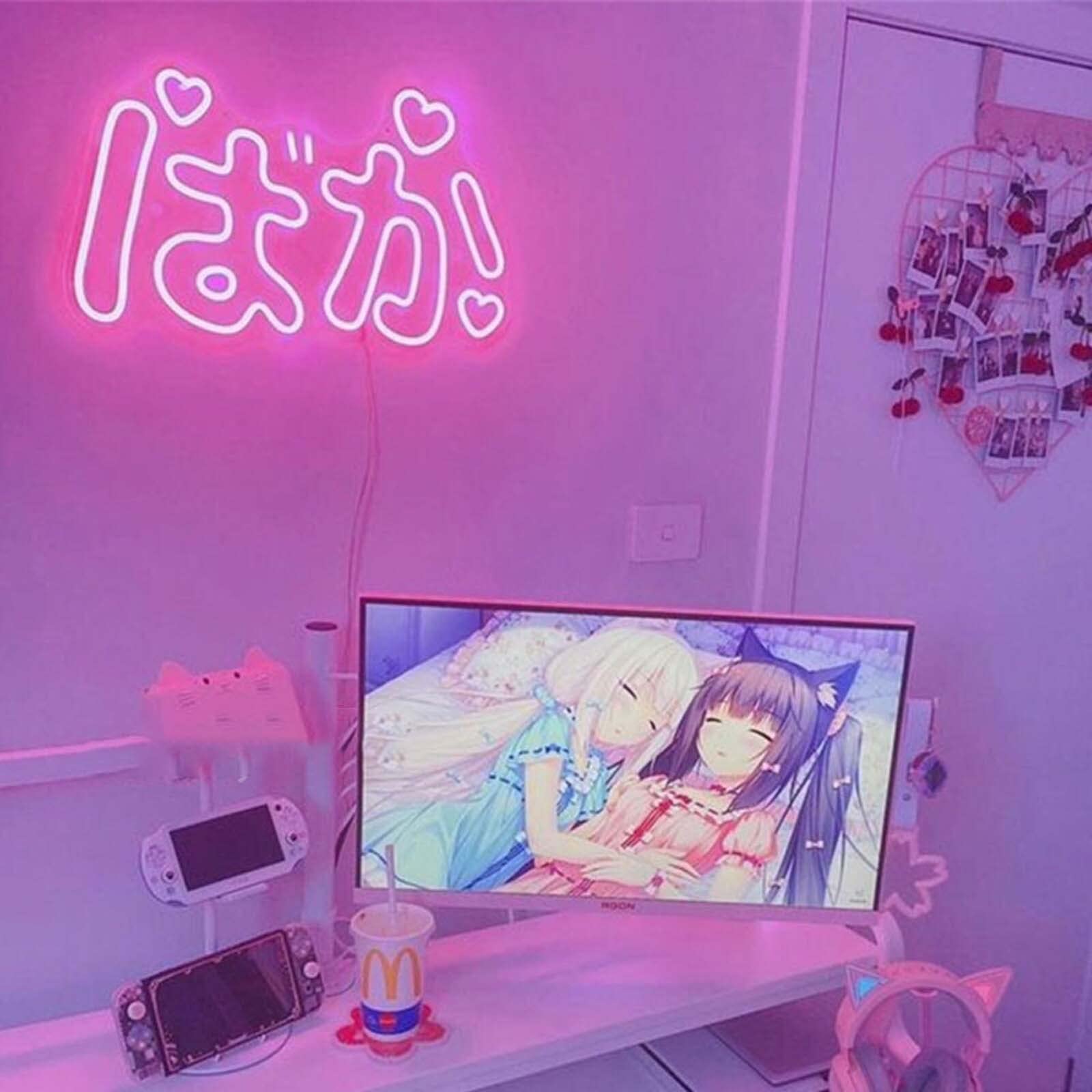Baka Anime Neon Light - Handmade 3D Cute LED Night Lamp in Pink (14 Inch) | Japanese Neon Sign for Bedroom, Game Room & Stream Studio | Aesthetic Decor & Birthday Gift for Kids, Girls | Perfect for Anime Themed Rooms, Gaming Setups & TikTok Backgrounds