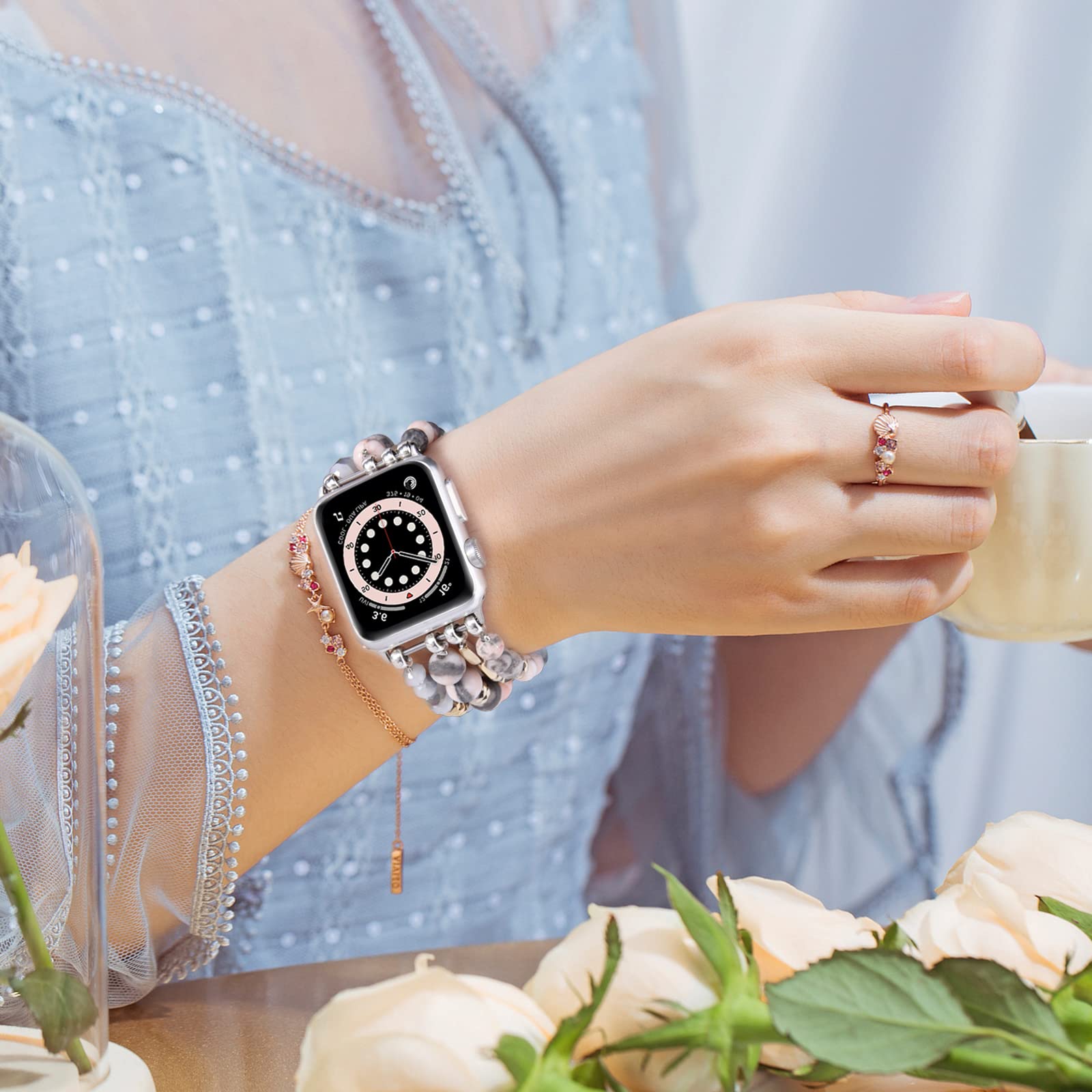Boho Beaded Stretchy Apple Watch Band 42mm 44mm 45mm 46mm Compatible with Series 10/9/8/7/6/5/4/SE/3/2/1 - Handmade Crystal Beads Fashion Bracelet for Women | Perfect for Yoga, Workouts & Boho Style Outfits