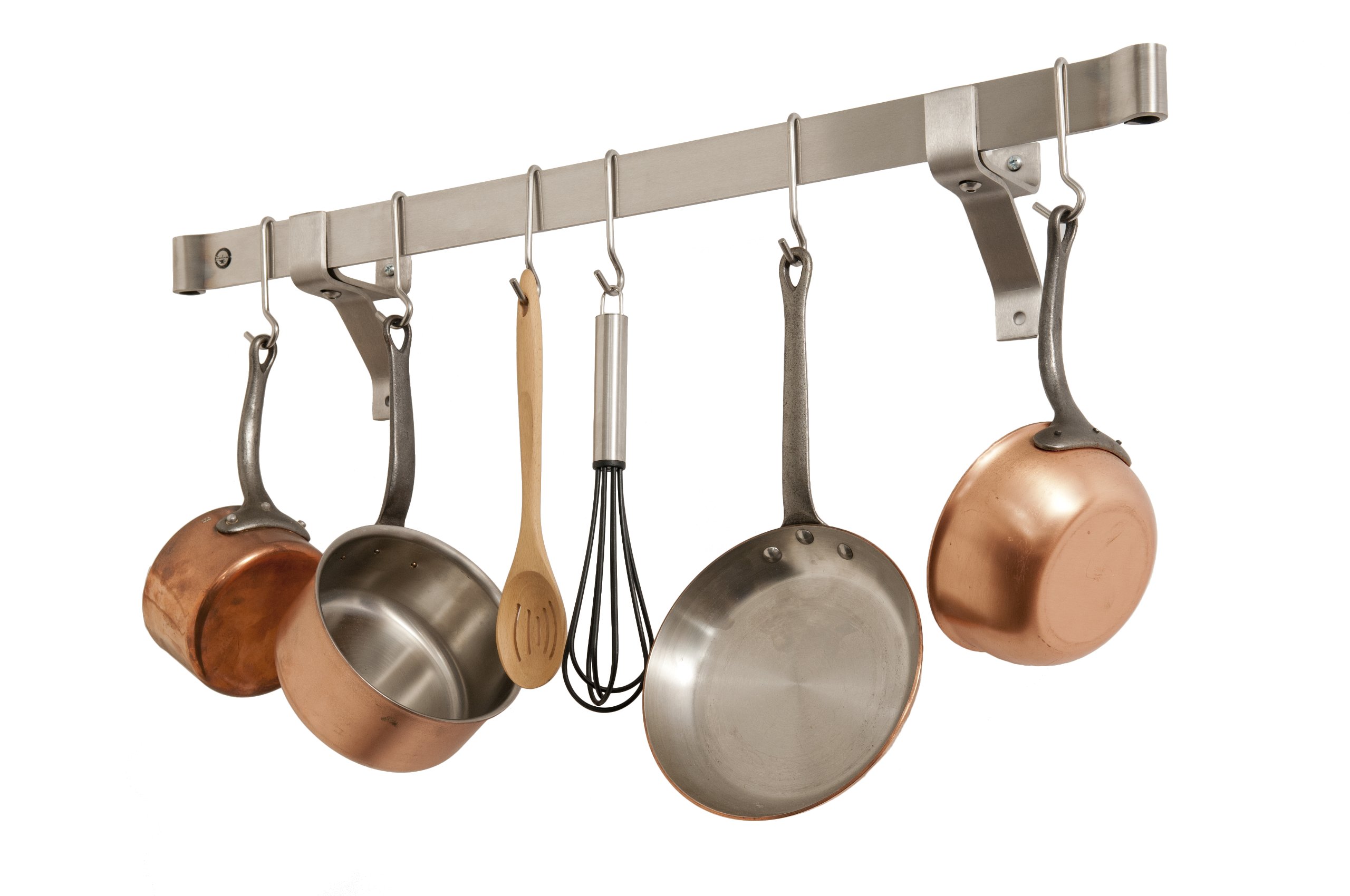 Enclume Premier 48-Inch Stainless Steel Rolled End Bar - Wall or Ceiling Mount Pot Rack with Wall Brackets & Captain Hooks - Perfect for Kitchen Organization & Utensil Storage