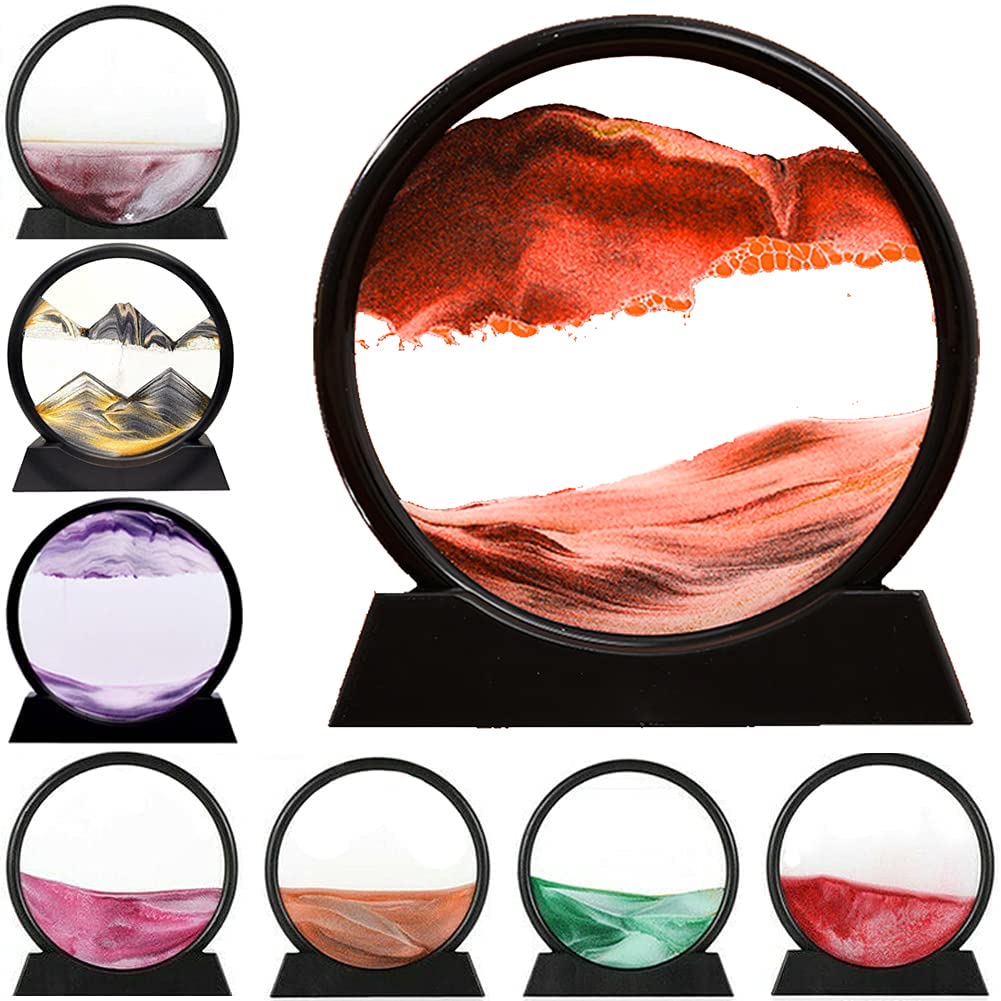 3D Dynamic Sand Art Liquid Motion - Round Glass Deep Sea Sandscape Moving Sand Picture, Flowing Sand Frame for Home & Office Decoration, Stress Relief Desk Toy for Adults & Kids (Red) - Perfect for Meditation, Waiting Rooms, and Creative Workspaces