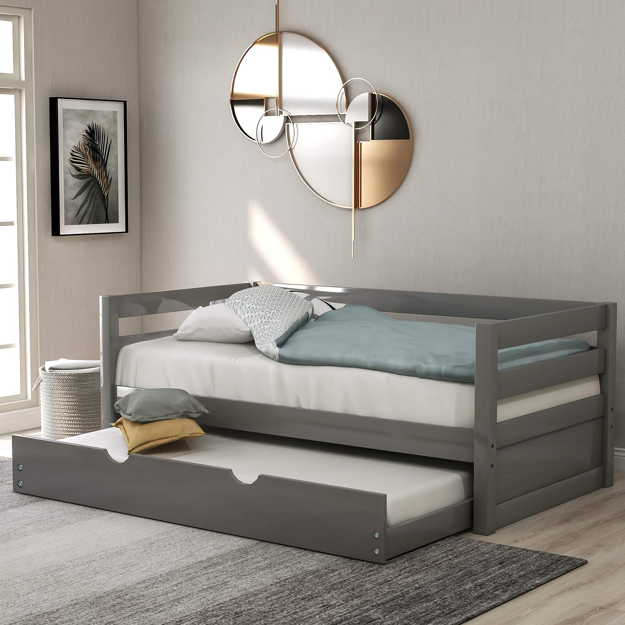 Solid Wood Twin Daybed with Pull-Out Trundle - Grey Kids Captain's Bed Frame for Guest Room, Dorm & Small Spaces | Sturdy Wooden Bed Frame with Storage Underneath