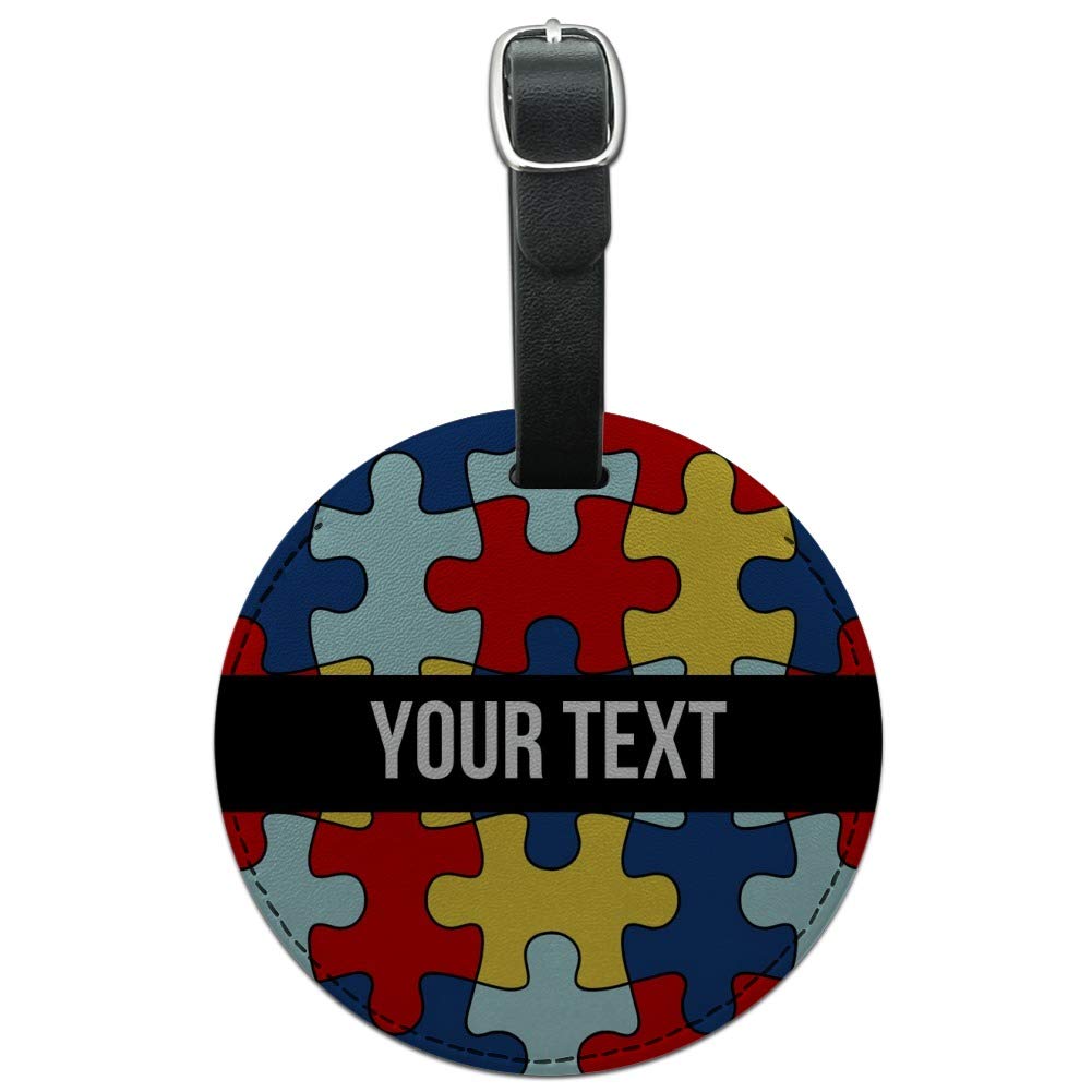 Personalized Autism Awareness Round Leather Luggage Tag - Custom ID Card Holder for Travel Bags, Suitcases & Backpacks - Perfect for Autism Support & Travel Organization