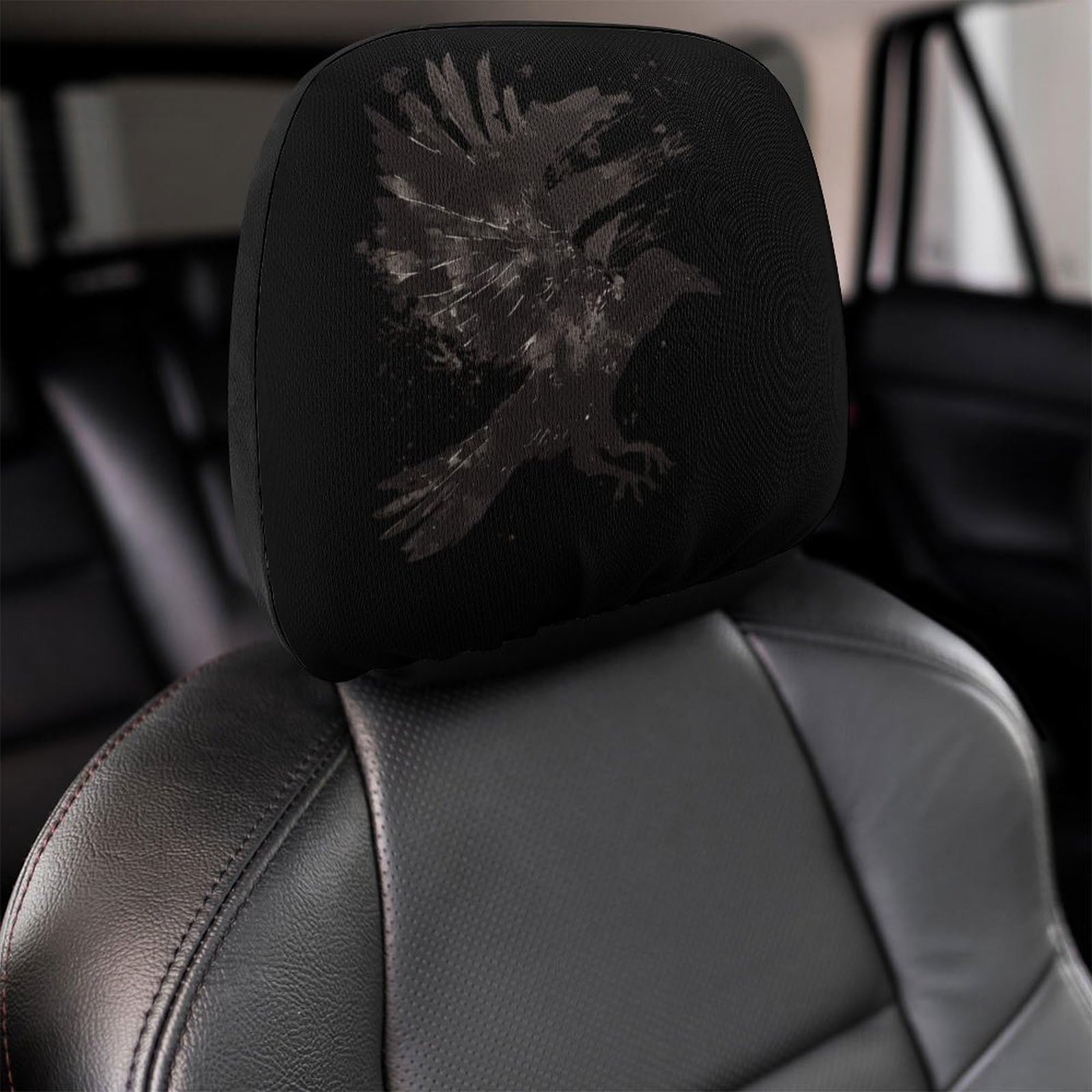 Universal Car Headrest Cover - Full Wrap Seat Protector for Cars, SUVs & Trucks - Ink Raven Design - 1PC - Perfect for Travel, Commuting & Long Drives