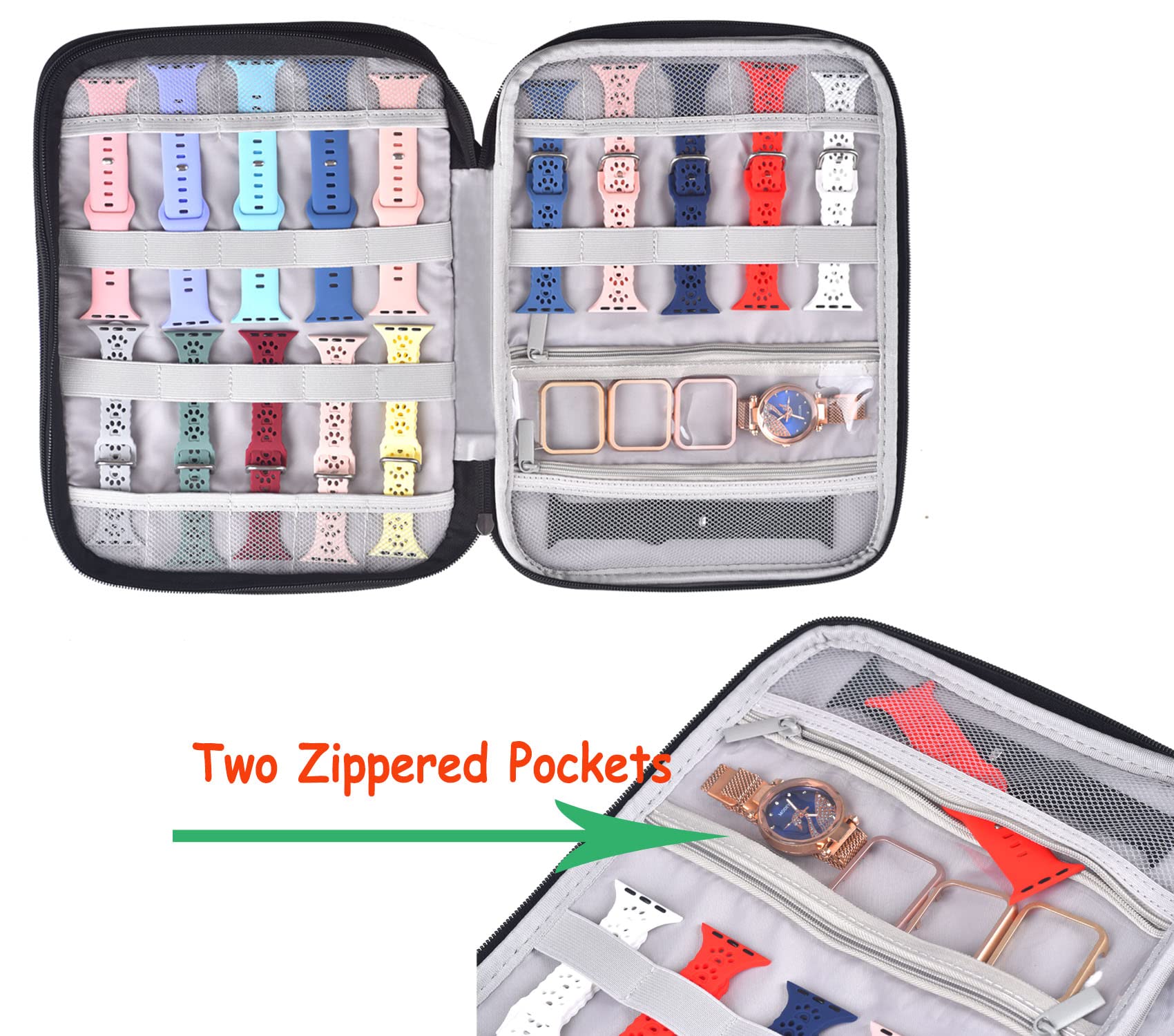 Watch Band Organizer Case - Holds 35 Straps & Accessories for Travel & Storage (Black)