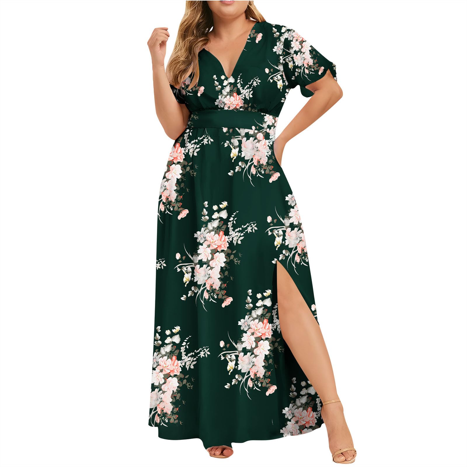 Floral Plus Size Maxi Dress for Women - Short Sleeve Floral Print Wedding Guest Dress - Perfect for Summer Weddings, Garden Parties & Special Occasions