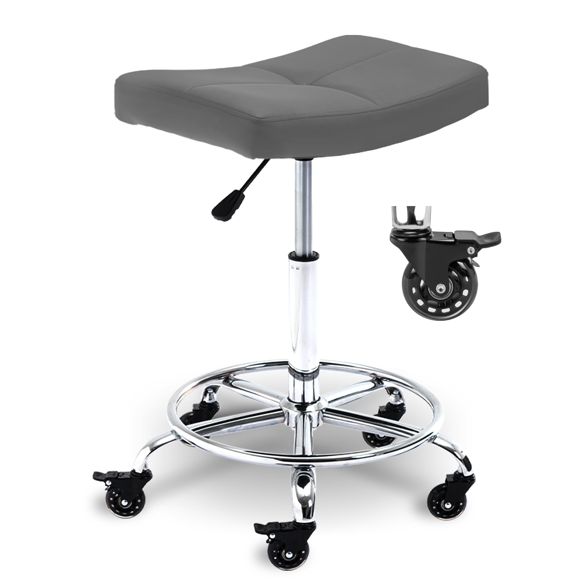 Heavy Duty Adjustable Rolling Stool with Locking Wheels & Footrest - Ergonomic Swivel Drafting Chair for Office, Garage, Workbench, Salon & SPA - Grey Rolling Work Stool for Comfortable Seating & Mobility