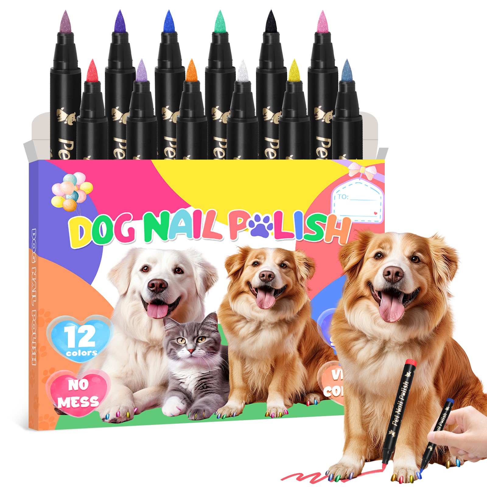 Quick Dry Dog Nail Polish Pens - 12 Color Safe Pet Nail Art Set for Puppy Grooming & Paw Care