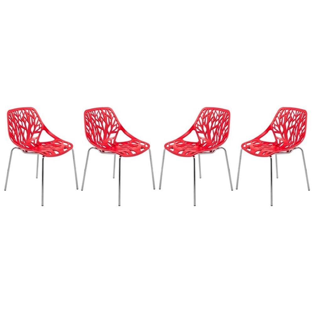 Modern Dining Chairs Set of 4 - LeisureMod Forest Side Chairs with Chrome Legs in Red | Perfect for Kitchen, Dining Room, Restaurant & Office Use