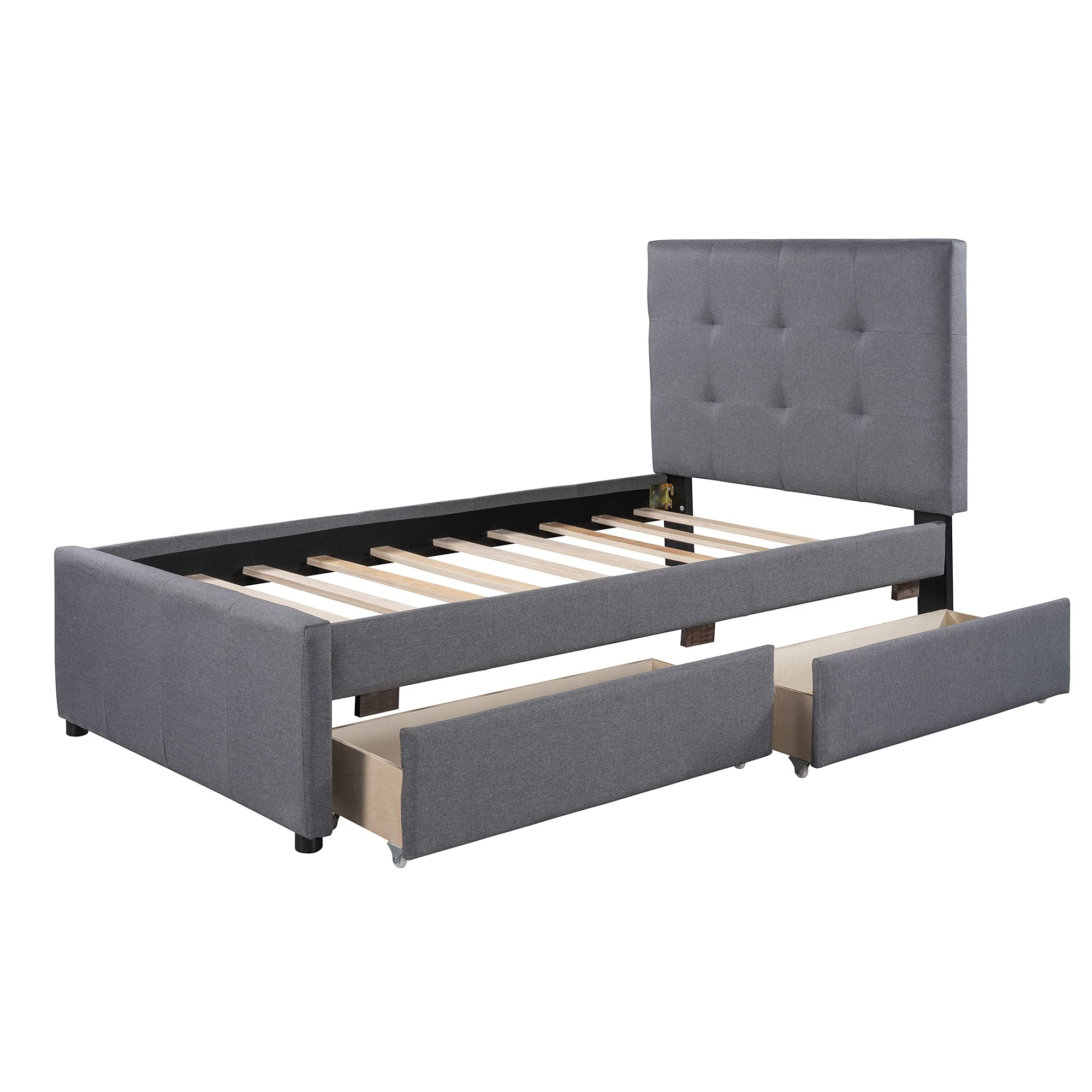 Quarte Linen Upholstered Platform Bed with Headboard - Twin Size Bed Frame with 2 Rolling Storage Drawers & Wooden Slats Support - No Box Spring Needed - Perfect for Kids & Adult Bedrooms (Gray) | Modern Space-Saving Bedroom Furniture for Small Rooms & Apartments