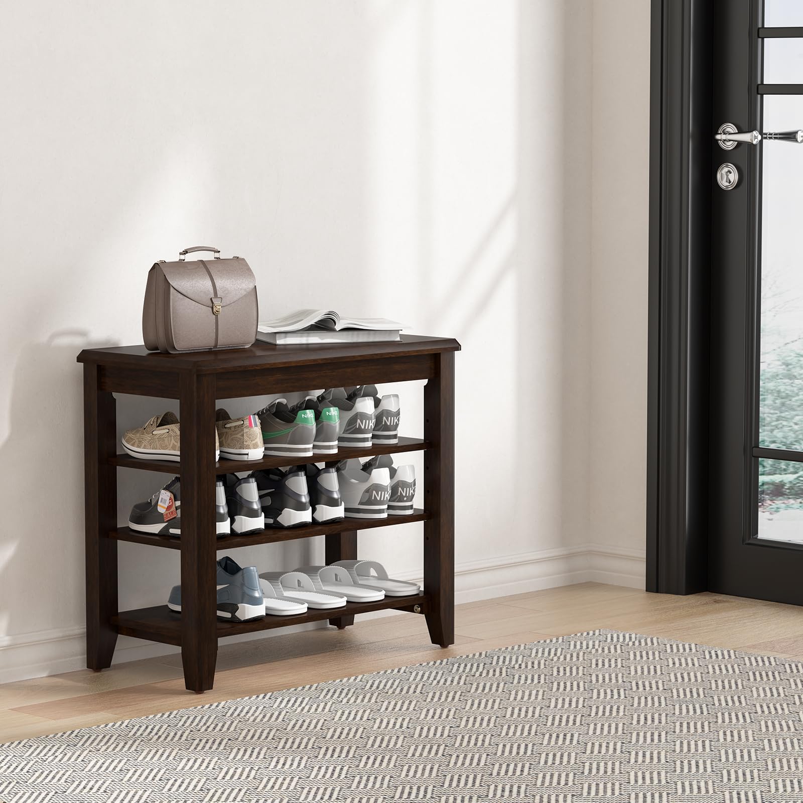 Rubberwood Shoe Bench with 3-Tier Adjustable Storage - 23.6
