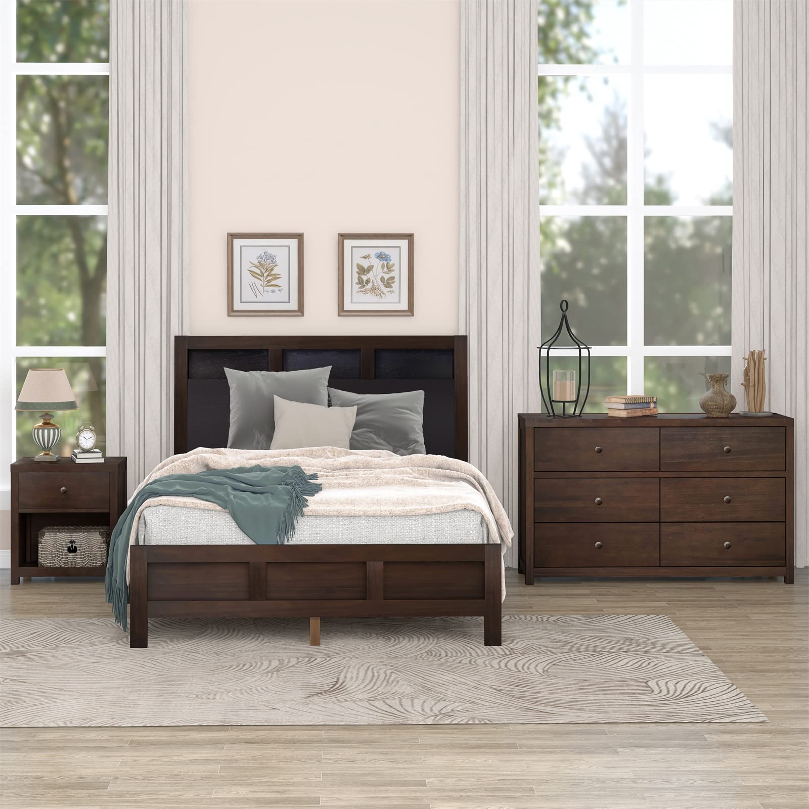 3-Piece Chatham Collection Solid Wood Queen Bedroom Set - Queen Size Platform Bed, Nightstand & 6-Drawer Dresser in Classic Rich Brown | Perfect for Master Bedrooms, Guest Rooms & Home Staging