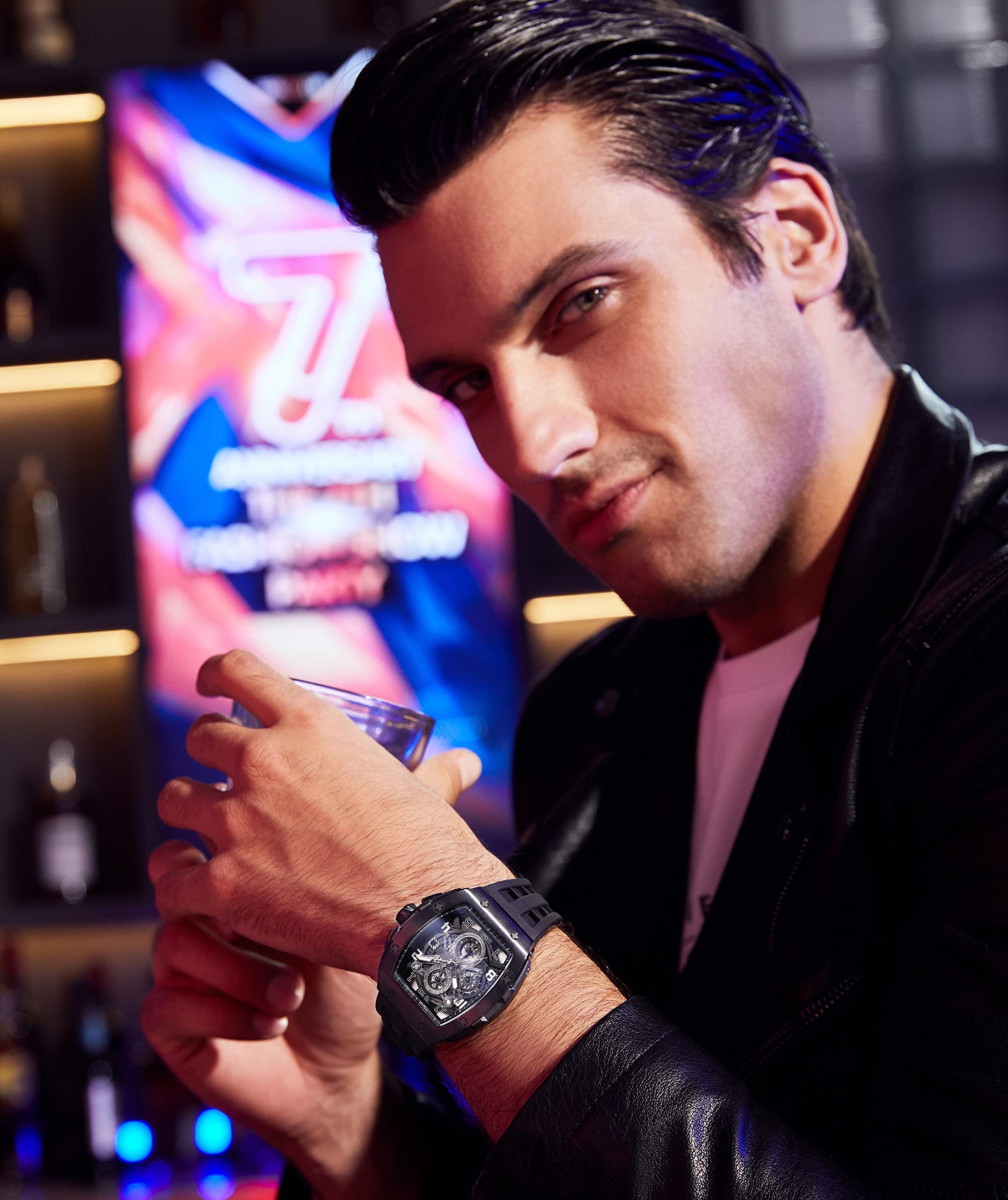 Luxury Men's Tonneau Black Watch - 50M Waterproof, Japanese Quartz Chronograph with Silicone Band - Perfect for Business, Casual & Outdoor Activities - Great Gift for Men