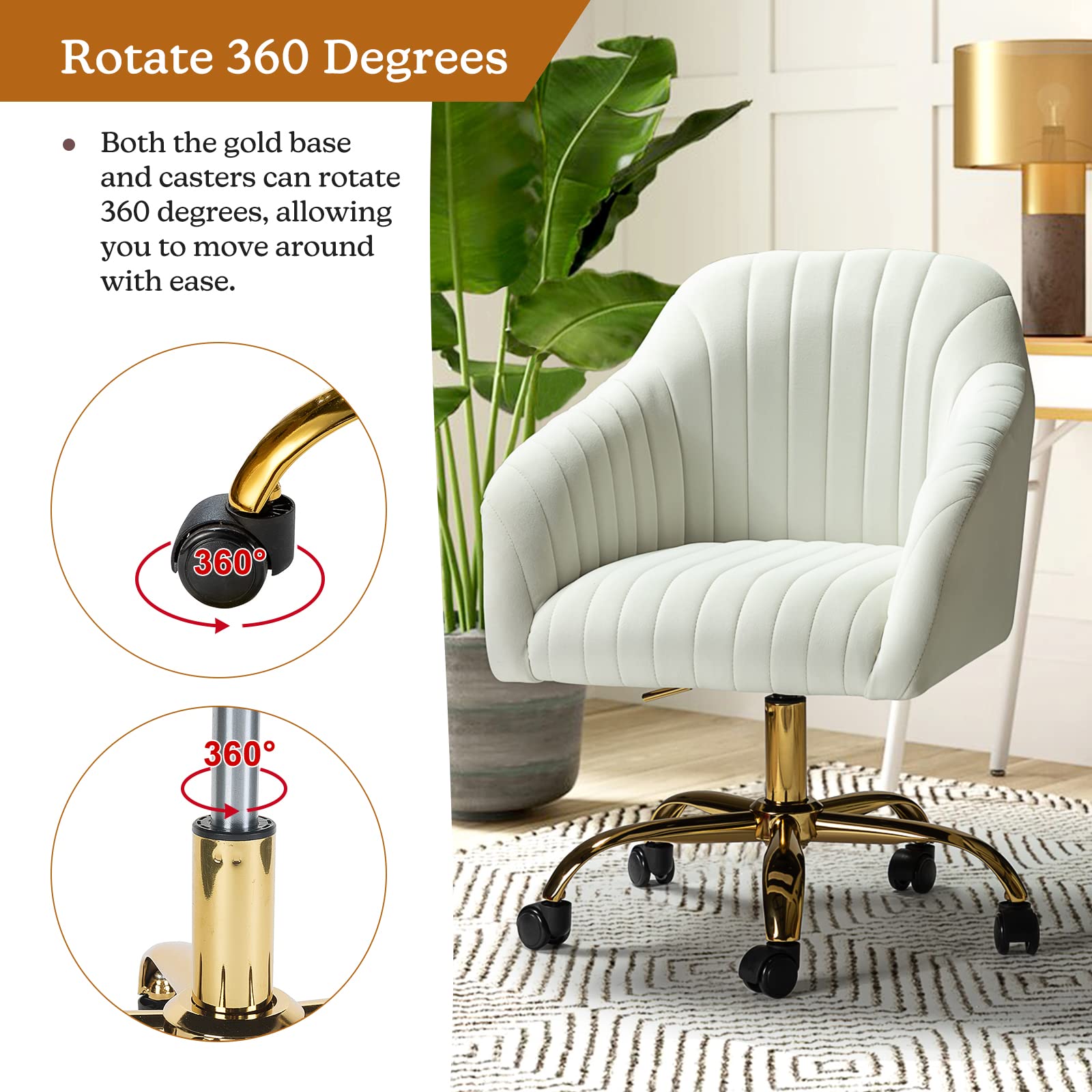 HULALA HOME Velvet Office Chair - Modern Adjustable Swivel Desk Chair with Wheels, Ergonomic Computer Task Chair for Women & Girls, Gold Base & Ivory Upholstery - Perfect for Home Office, Gaming & Study