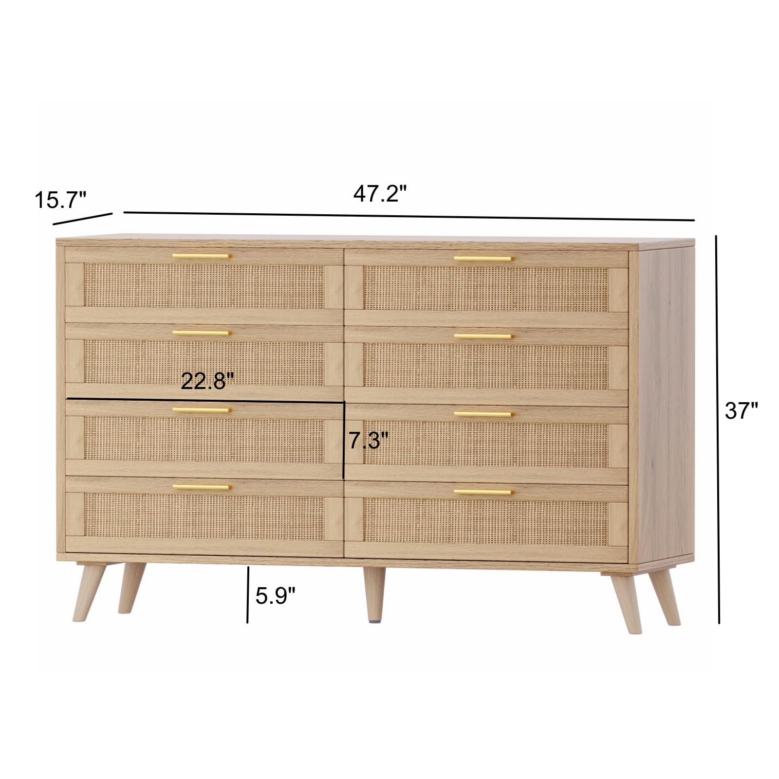 Rovaurx 8-Drawer Double Dresser - Modern Rattan Wooden Chest with Gold Handles for Bedroom, Living Room & Entryway - Stylish Storage Solution for Clothes, Linens & Home Organization