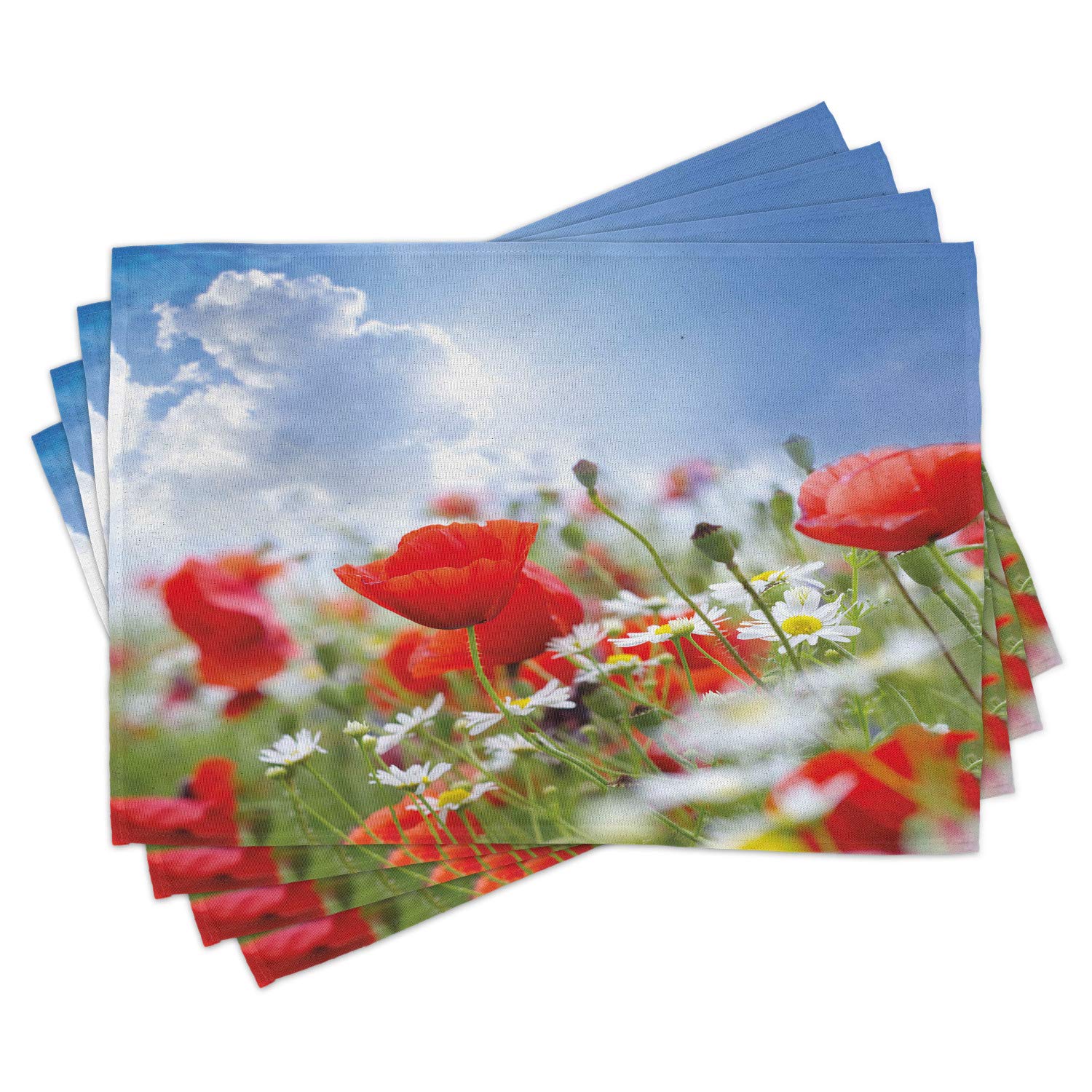 Ambesonne Country Placemats Set of 4 - Floral Spring Meadow with Poppies & Daisies, Sunny Sky Clouds Design - Washable Fabric Table Mats for Dining Room & Kitchen Decor - Perfect for Spring Parties, Brunch, and Farmhouse Style Dining