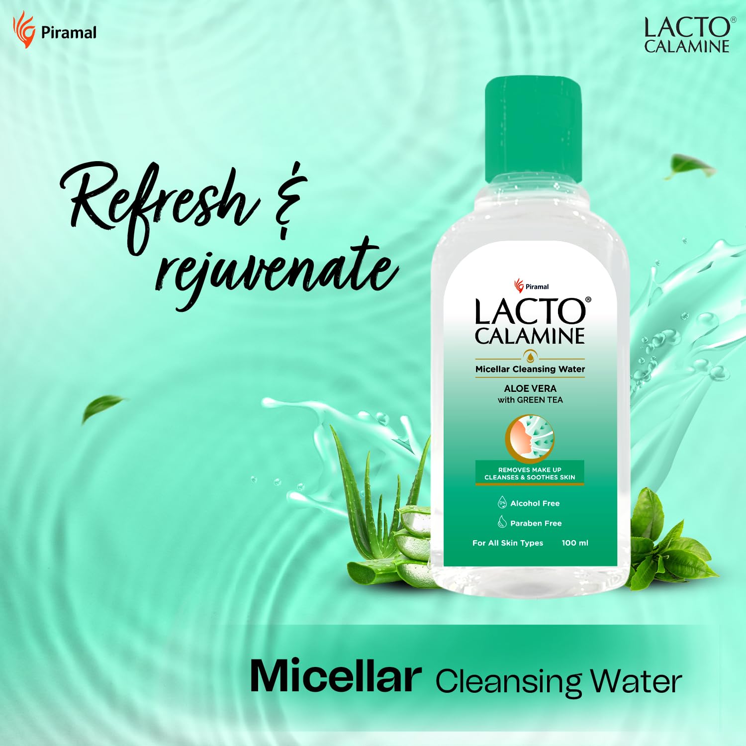 Lacto Calamine Micellar Water Makeup Remover - 2 Pack (100ml Each) | Aloe Vera, Green Tea & Niacinamide | Alcohol-Free Cleansing Water for Face | Removes Makeup, Excess Oil & Impurities | Perfect for Daily Skincare & Travel