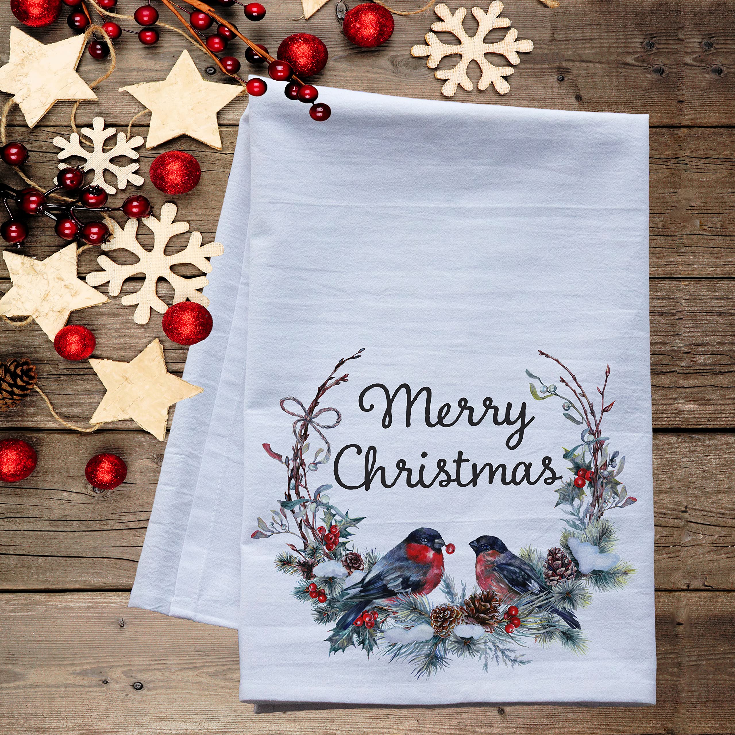 Christmas Flour Sack Dish Towels - Holiday Tea Towels for Xmas Kitchen Decor (Merry Christmas Bullfinch Wreath) | Absorbent Cotton Kitchen Towels for Baking, Cooking & Holiday Decorations