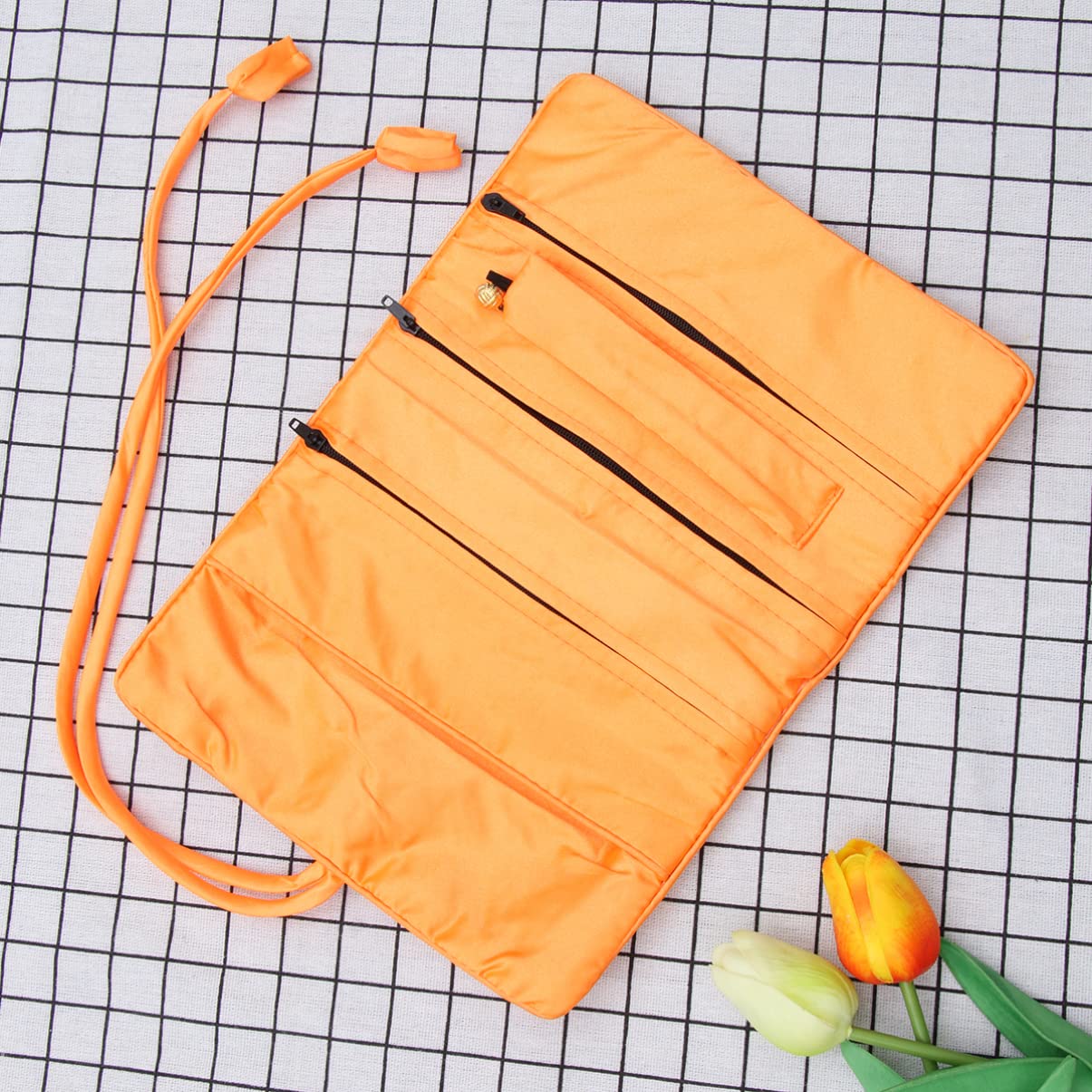 Zerodeko Jewelry Roll Bag - Silk Embroidery Brocade Travel Jewelry Organizer Pouch for Necklaces, Bracelets, Earrings & Rings with Secure Tie Closure (Orange) - Perfect for Travel, Gifts & Daily Jewelry Storage