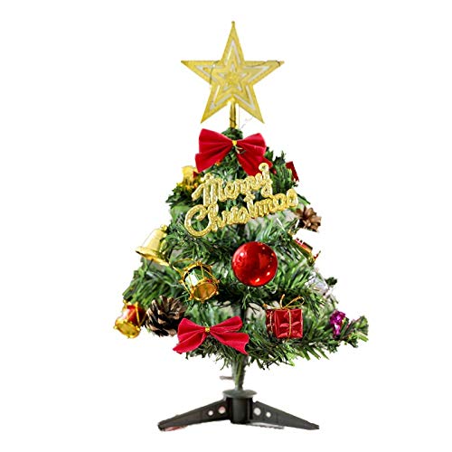 Mini Christmas Tree with LED Lights - Small Desktop Holiday Decor with Bows, Bells & Pine Cones - Perfect for Home, Office, Party & New Year Decorations