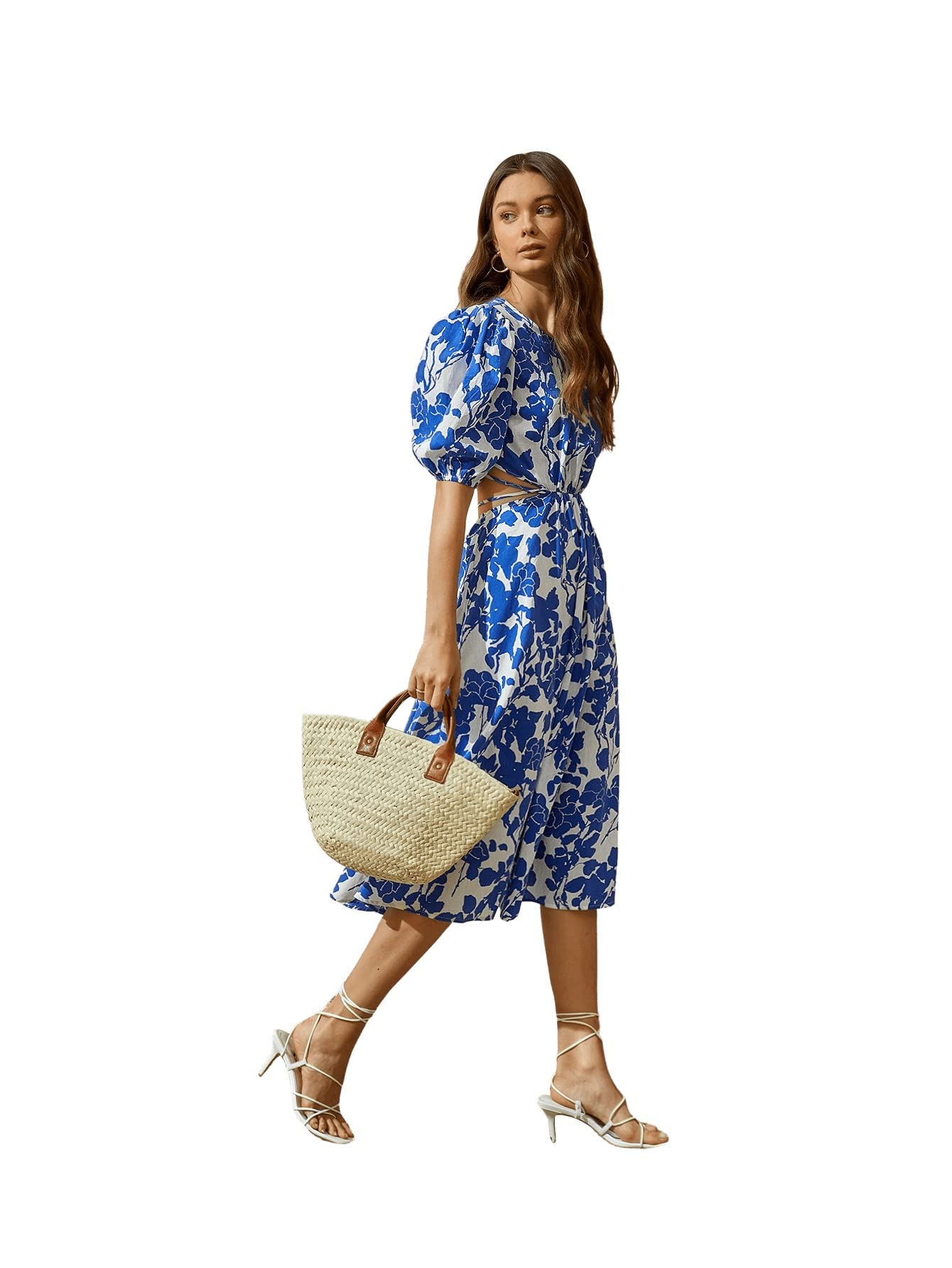 SweatyRocks Women's Boho Floral Print Puff Sleeve Cutout Tie Back A-Line Midi Dress - Summer Beach Party, Wedding Guest, Vacation Outfit