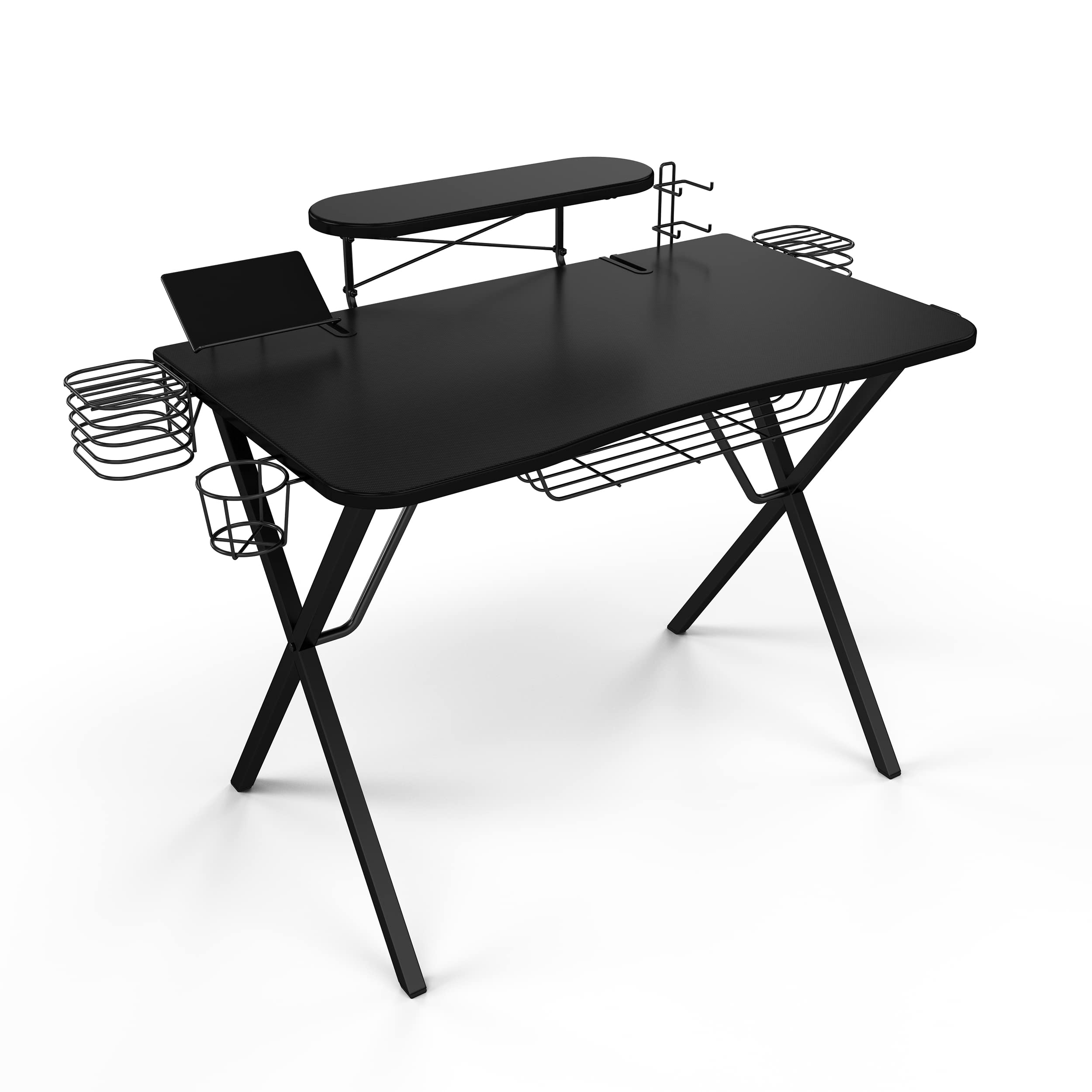 Atlantic Gaming Desk with Carbon-Fiber Desktop, X-Legs & Monitor Stand - Ergonomic Computer Desk for PC Gamers with Phone Holder & Speaker Stands (Black) - Perfect for Streaming, Esports & Home Office Setup