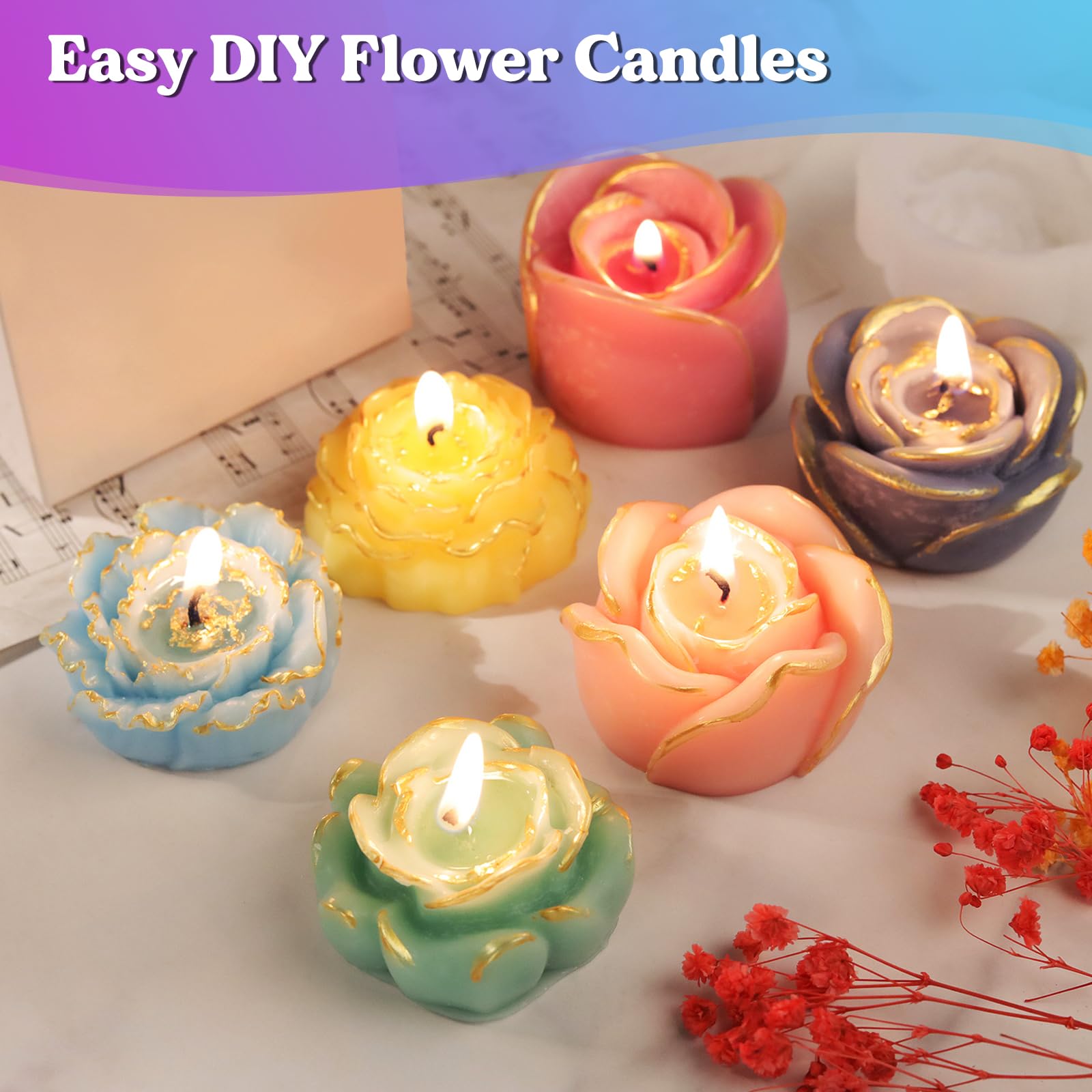 LET'S RESIN 6-Piece Flower Silicone Candle Molds Set for Soy Wax, Beeswax - DIY Candle Making, Resin Crafts - Perfect for Home Decor, Wedding Centerpieces & Gift Making
