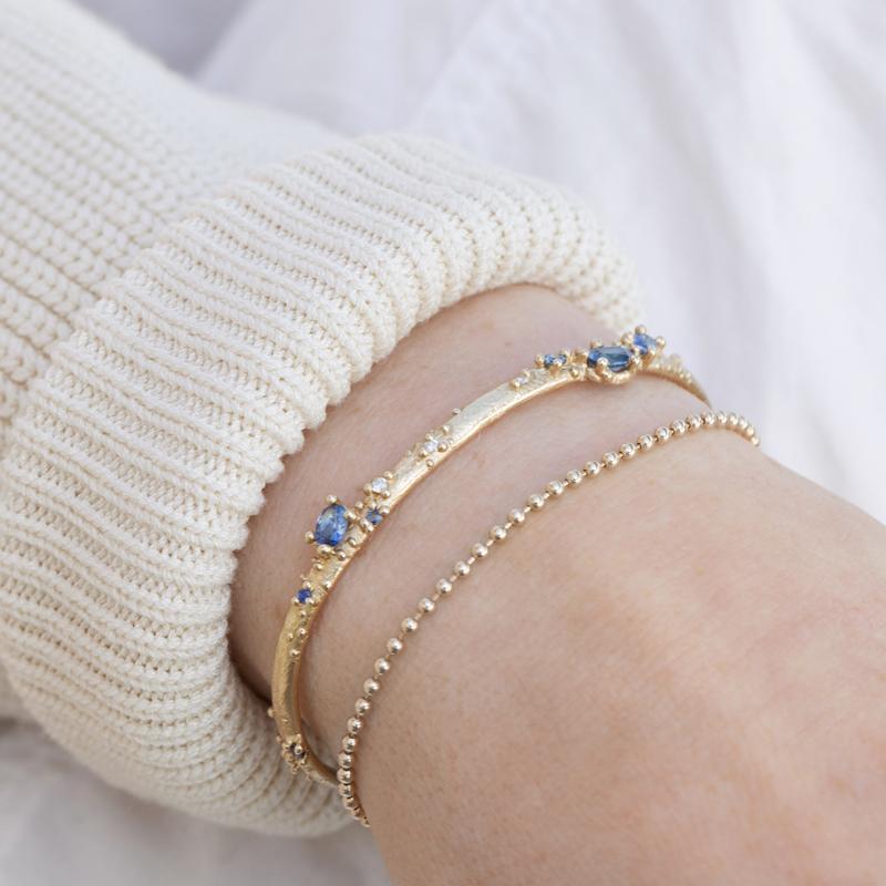 Exquisite 14K Gold Cuff Bracelet with Genuine Sapphire & Diamond Accents - Perfect for Weddings, Anniversaries & Special Occasions