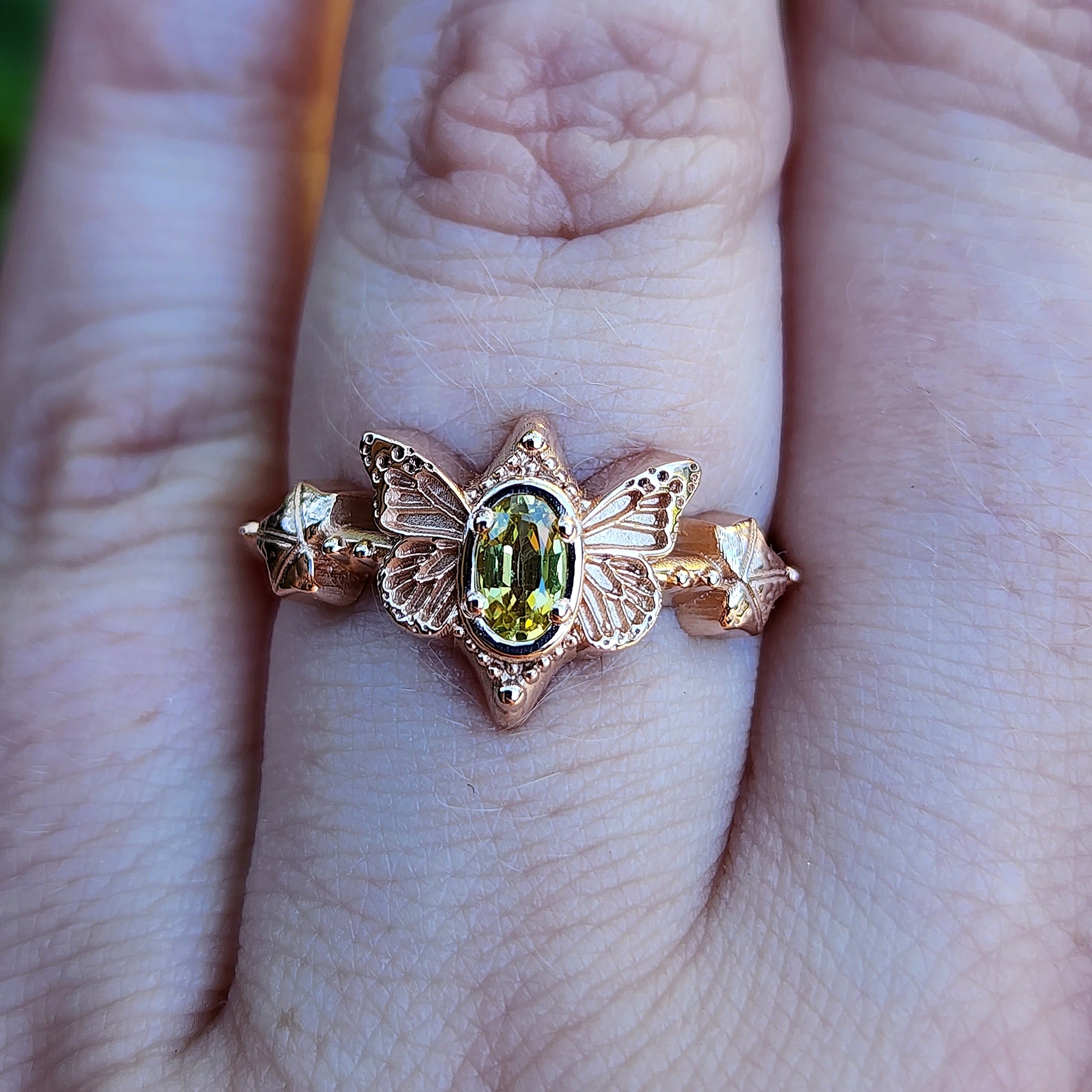14K Gold Butterfly Fairy Ring with Oval Sapphire & Ivy Leaf - Fantasy Engagement Ring, Custom Gemstone Option - Perfect for Fairy Tale Weddings & Fantasy Themed Events