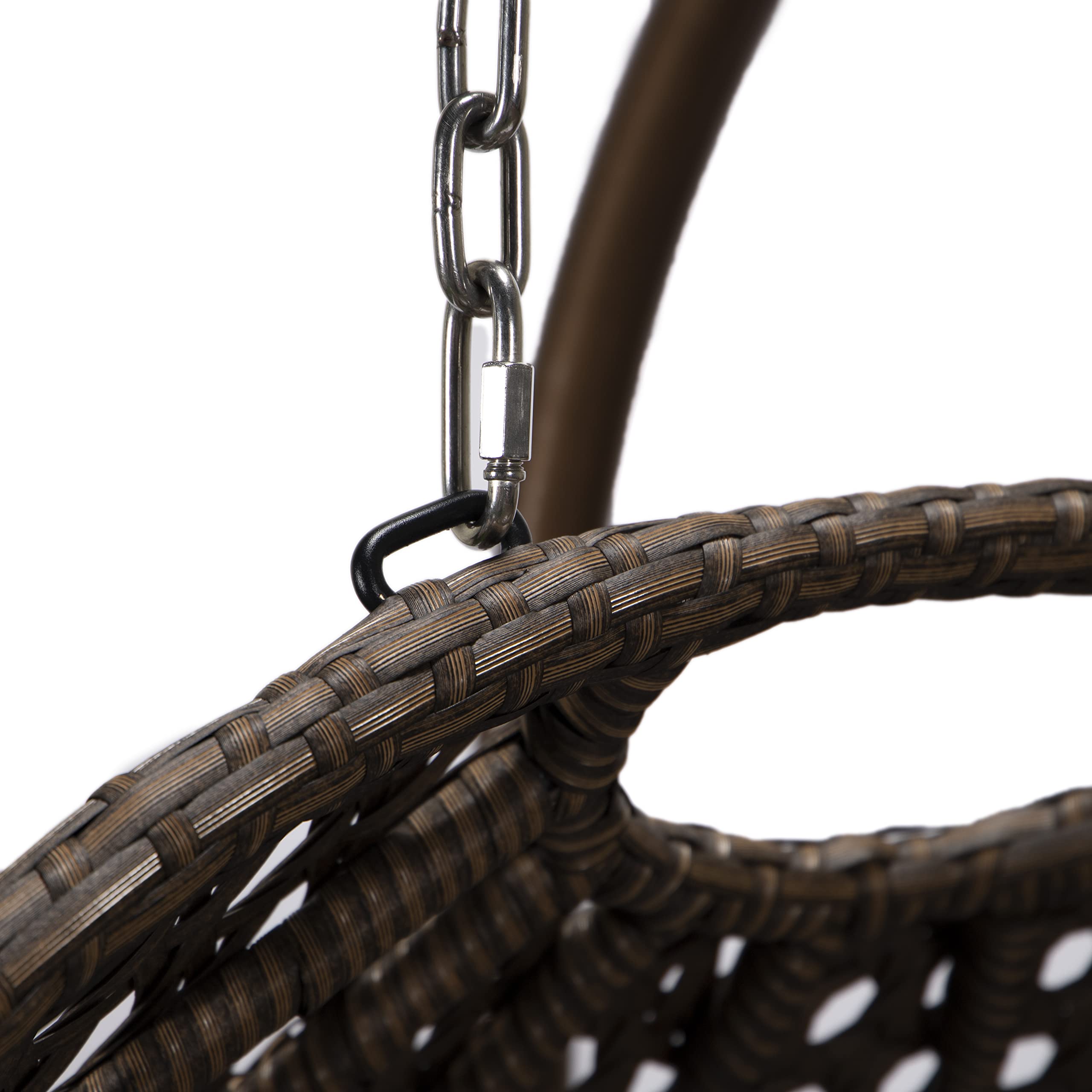 LeisureMod Mendoza Dark Brown Wicker 2-Person Patio Hanging Egg Swing Chair with Stand & Cushions - Indoor/Outdoor Use for Garden, Porch, Backyard, and Balcony (Brown)