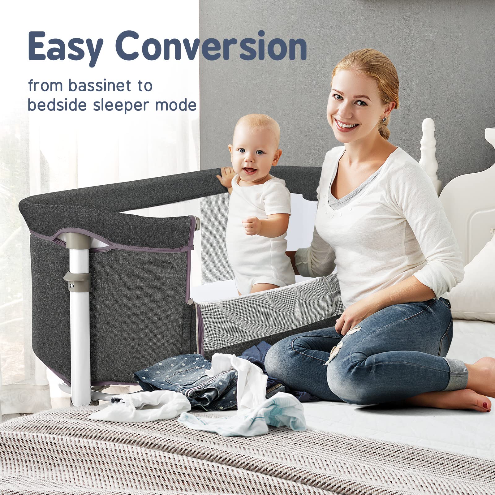 ALVOD Baby Bassinet Bedside Sleeper - Adjustable Height Crib for Infants with Breathable Mesh, Easy Assembly (Dark Grey) | Perfect for Nursery, Bedroom & Travel Use