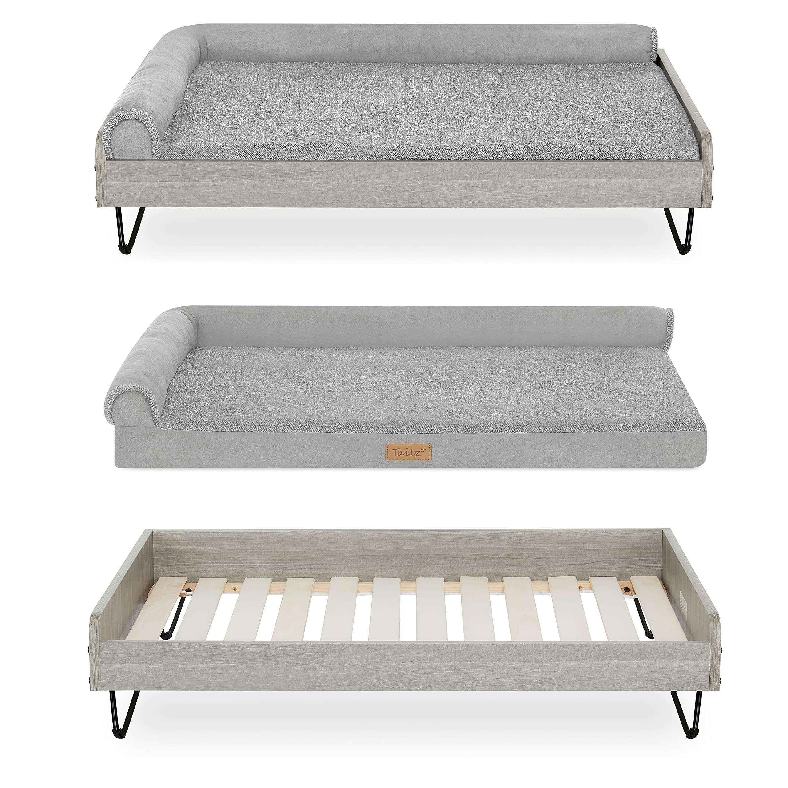 Elevated Wooden Dog Bed with Waterproof Mattress - Large to Extra Large Pet Bed, Calming Support, Greenguard Gold Certified - Modern Dog Couch in Silver (Asher-TailZzz) for Indoor/Outdoor Use in Living Room, Patio or Bedroom