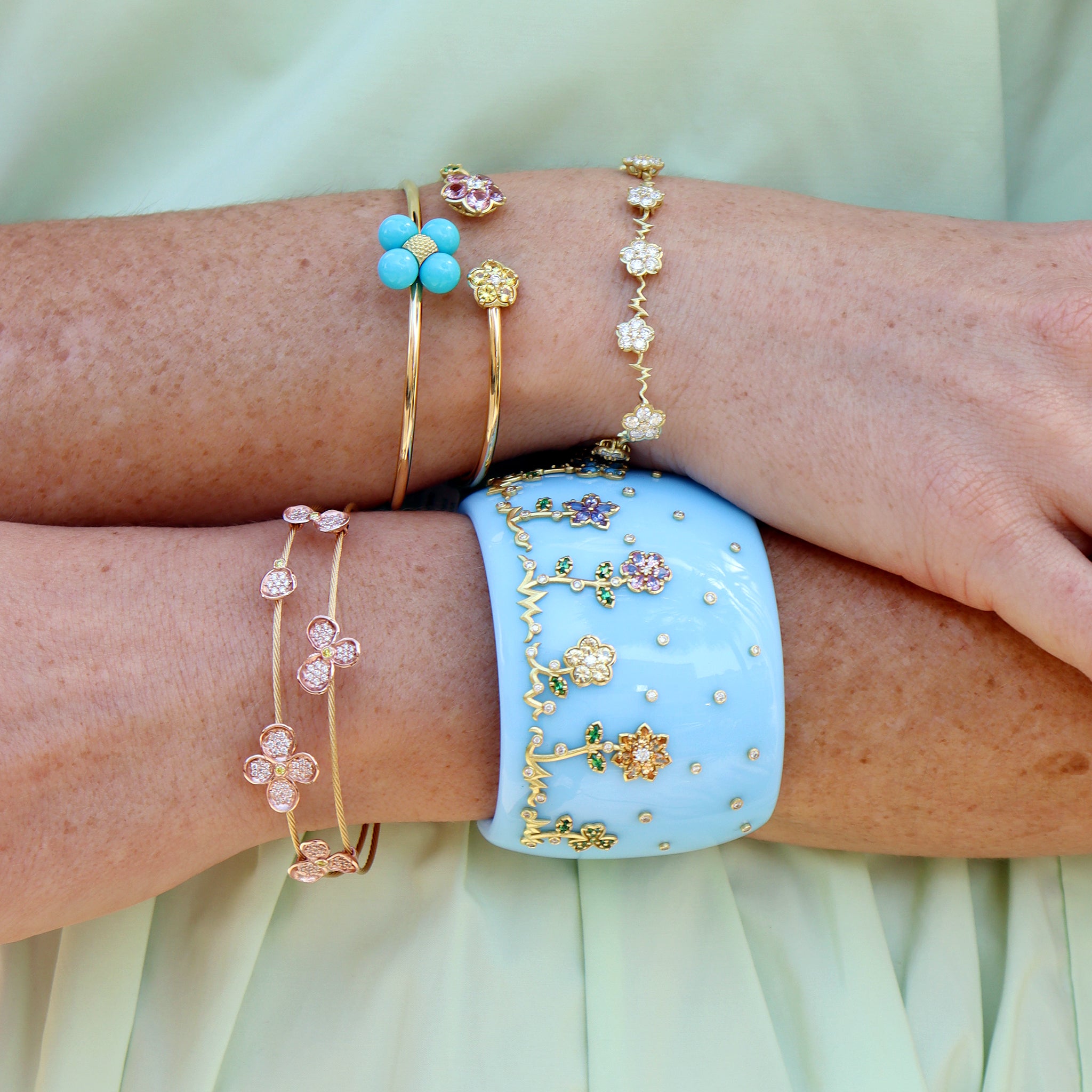Paul Morelli Forget Me Not Double Wire Bracelet - Elegant Floral Design Gold Plated Jewelry for Women - Perfect for Weddings, Anniversaries & Everyday Wear