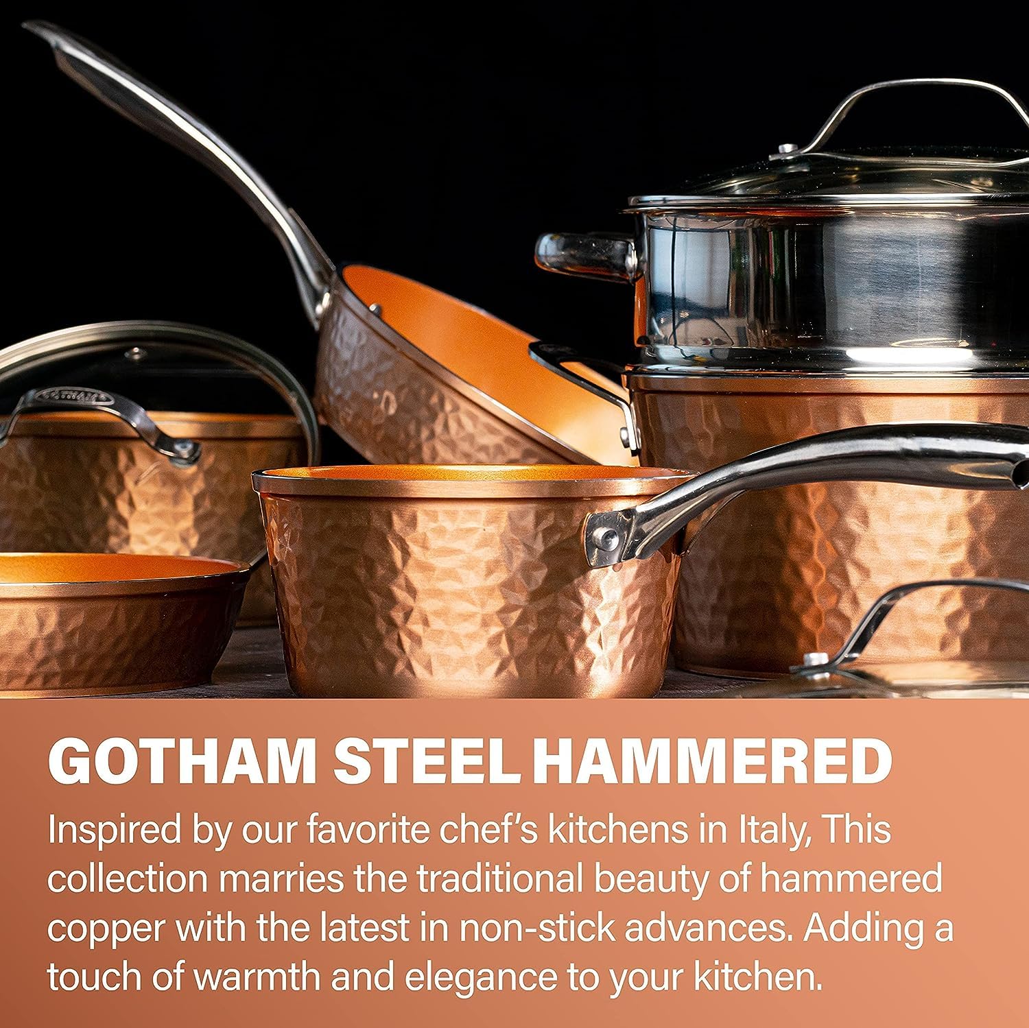 Gotham Steel Hammered Copper 10-Piece Non-Toxic Ceramic Cookware Set - Induction Compatible Pots & Pans, Oven & Dishwasher Safe - Perfect for Home Cooking, Baking & Family Meals