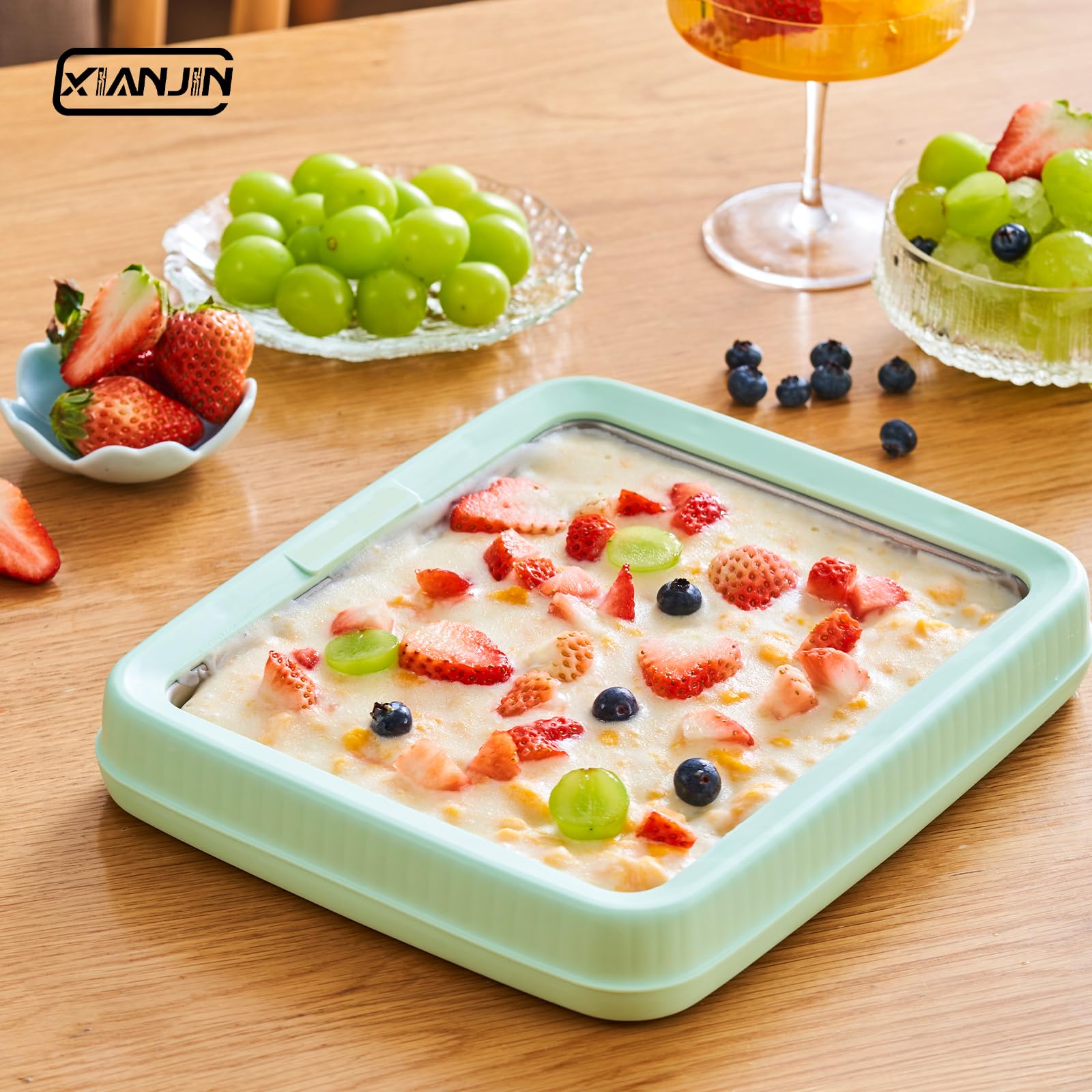 XIANJIN Instant Ice Cream Maker Machine - Homemade Frozen Yogurt & Gelato Maker for Kids & Adults - Large Green Ice Cream Pan - Perfect for Parties, Desserts & Family Fun