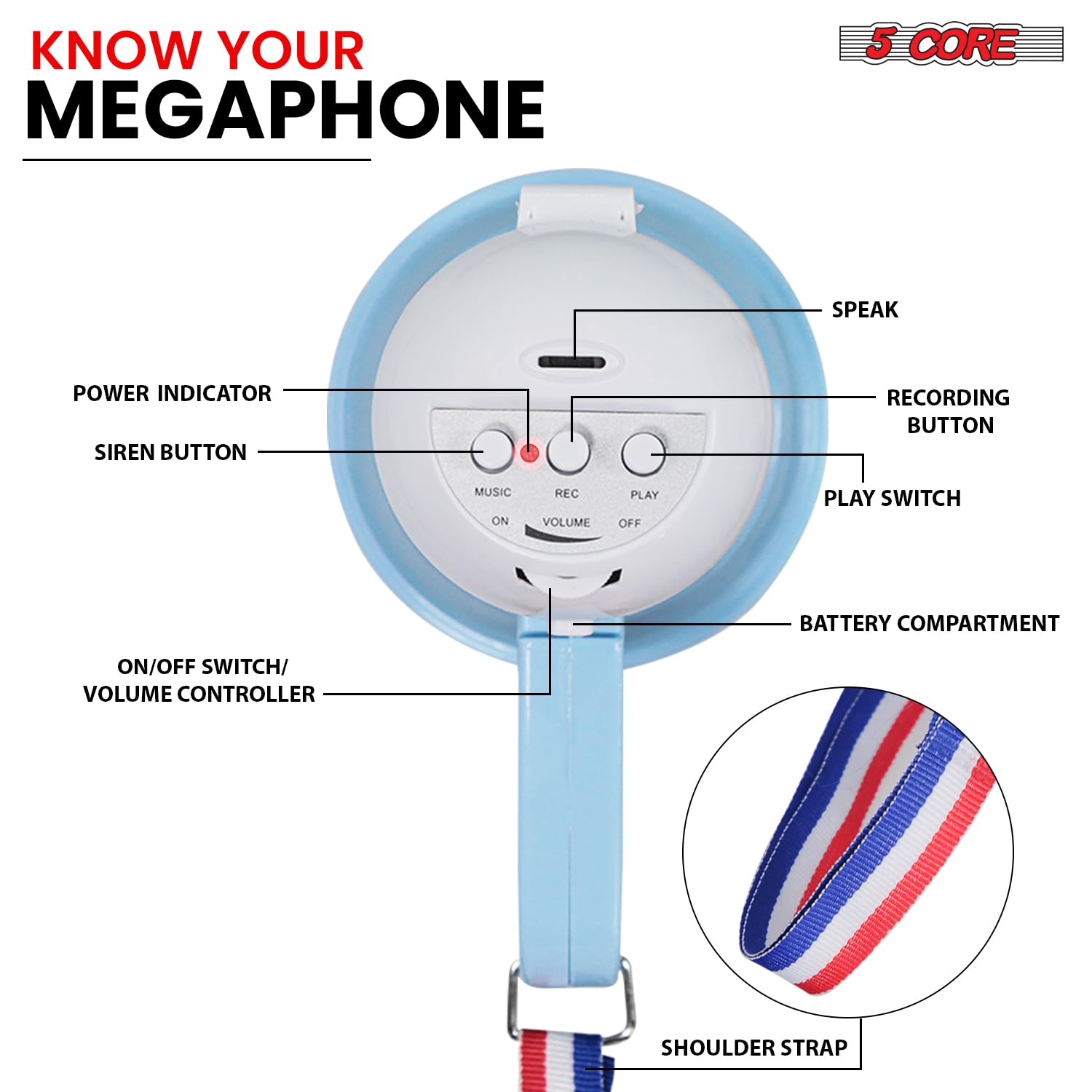 5 Core Megaphone Bullhorn Speaker - 15W Mini Battery Powered Bull Horn with Siren & 400 Yard Range - Perfect for Outdoor Events, Sports Games, Emergency Alerts, and Crowd Control