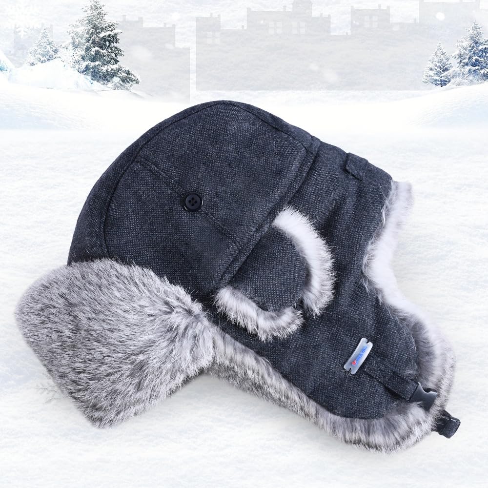 100% Real Rabbit Fur Russian Ushanka Winter Hat - Warm Aviator Trapper Hat with Ear Flaps for Hunting, Skiing & Outdoor Activities | Cozy Winter Accessory for Men & Women