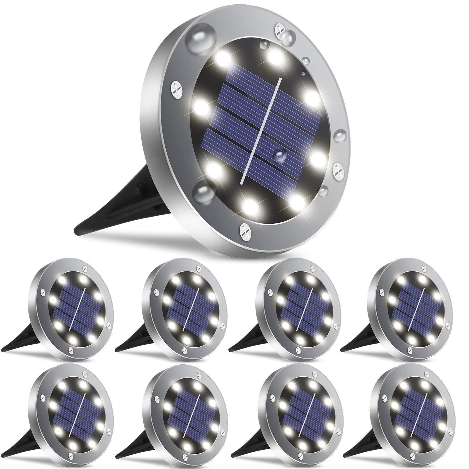 8 Pack Solar Ground Lights Outdoor - 8 LED Waterproof Disk Lights for Garden, Lawn, Pathway, Yard, Driveway, Steps & Walkway - Cold White Solar Powered Landscape Lighting for Patio, Deck & Backyard Decor