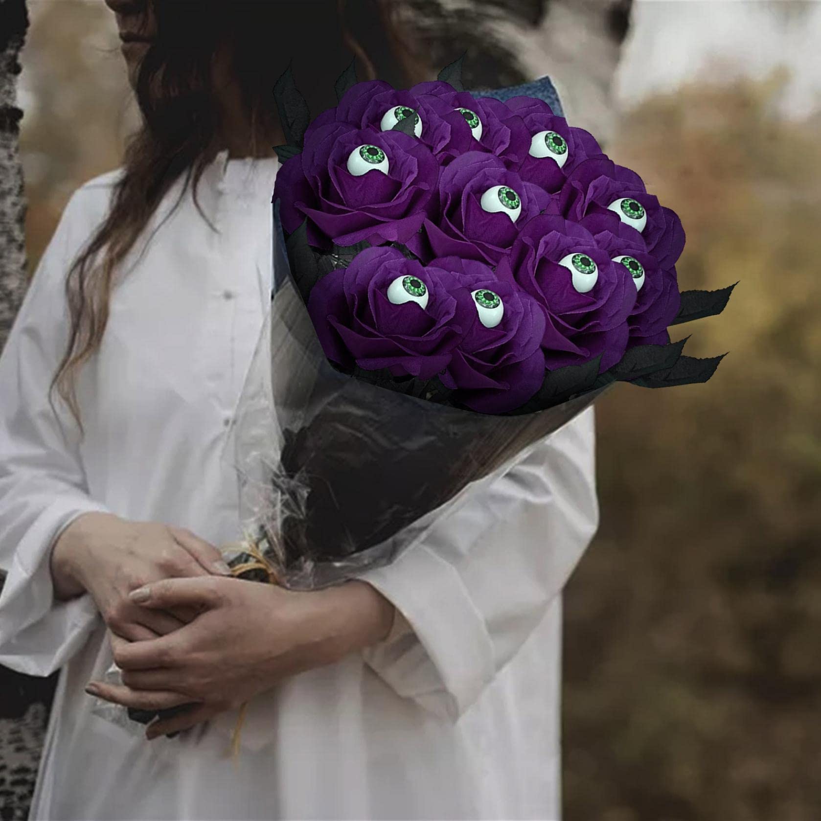 10 Pack Halloween Fake Roses with Eyeballs - Gothic Eyeball Flowers for Spooky Party Decor, Home Haunt, and Horror Atmosphere - Reusable & Creepy Halloween Props