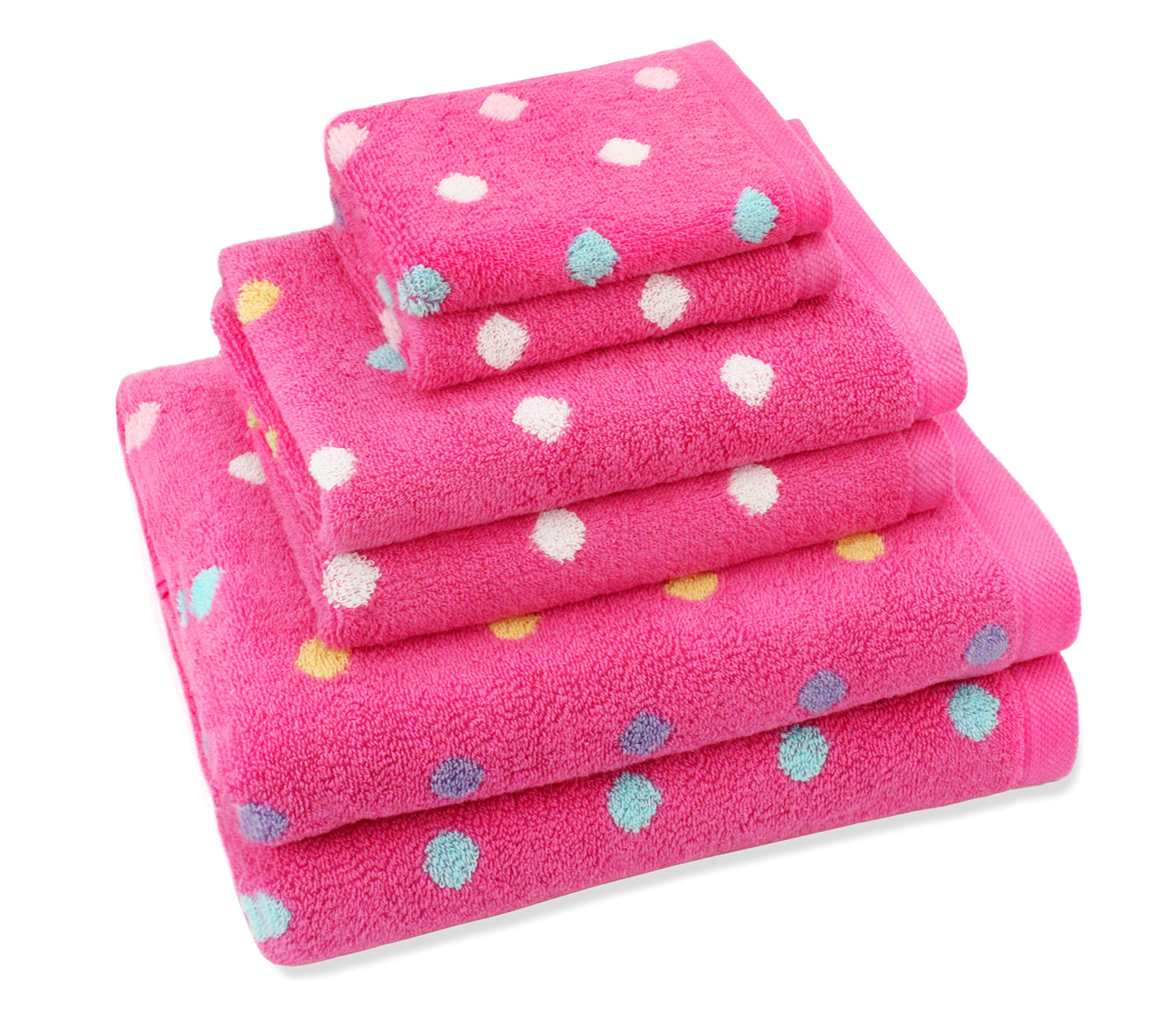 ORIGINAL KIDS 6-Piece Cotton Towel Set - 2 Bath Towels, 2 Hand Towels & 2 Washcloths with Bonus Tote Bag - Soft Absorbent Jacquard Weave for Bath, Pool & Beach - Sugar & Spice Pink Multicolor Design - Perfect Baby Shower Gift & Toddler Bath Time Essential