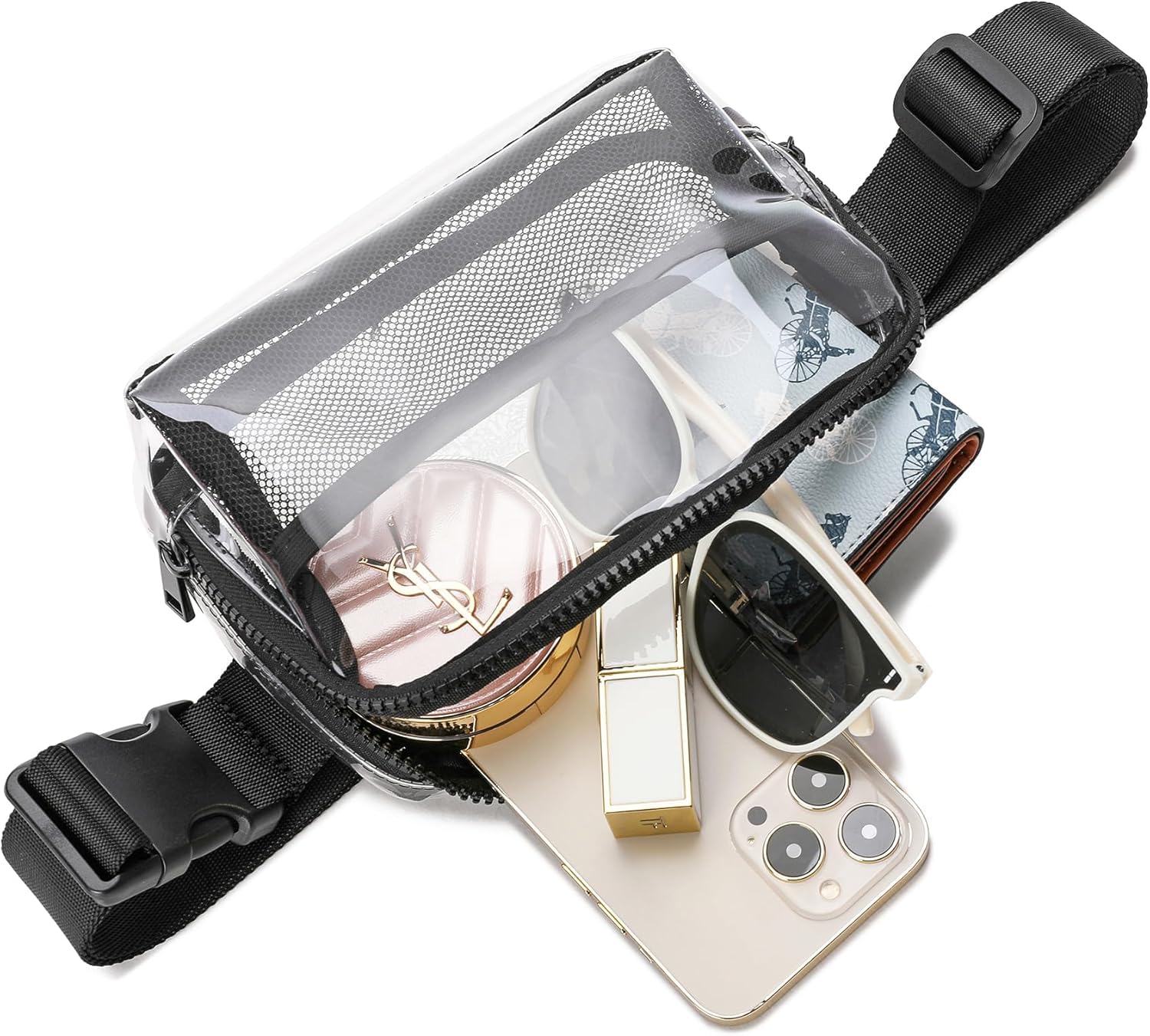Clear Fanny Pack for Women & Men - Adjustable Strap Crossbody Waist Bag | Stadium Approved for Concerts, Sports, Travel, Hiking & Running | Perfect for Outdoor Activities & Events (Black)