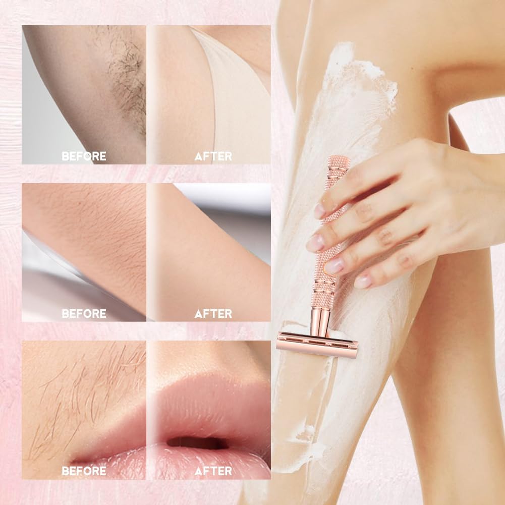 Solara Women's Safety Razor - Reusable Double Edge Razor for Painless Hair Removal on Legs, Arms, Underarms & Bikini Line - Smooth Shaving with Rose Gold Metal Finish - Perfect for Travel, Home & Gym Use