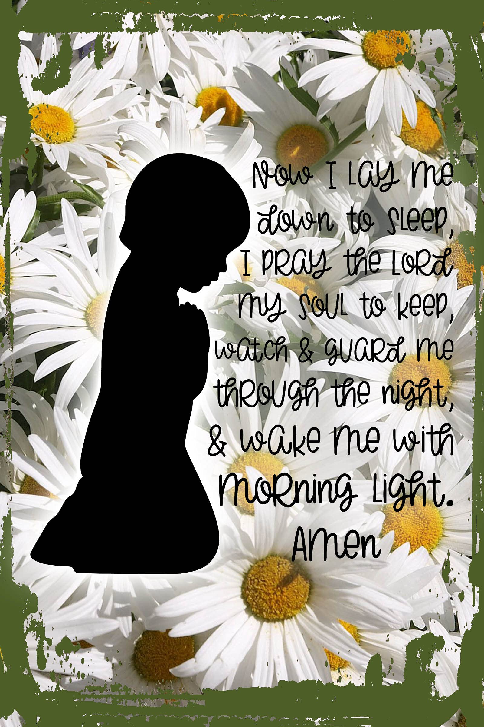 Religious Wall Art - Daisy Flower Silhouette with 'Now I Lay Me Down to Sleep' Prayer - 8x12 Inch Hanging Wall Sign - Perfect for Nursery, Bedroom Decor & Christian Gift Ideas