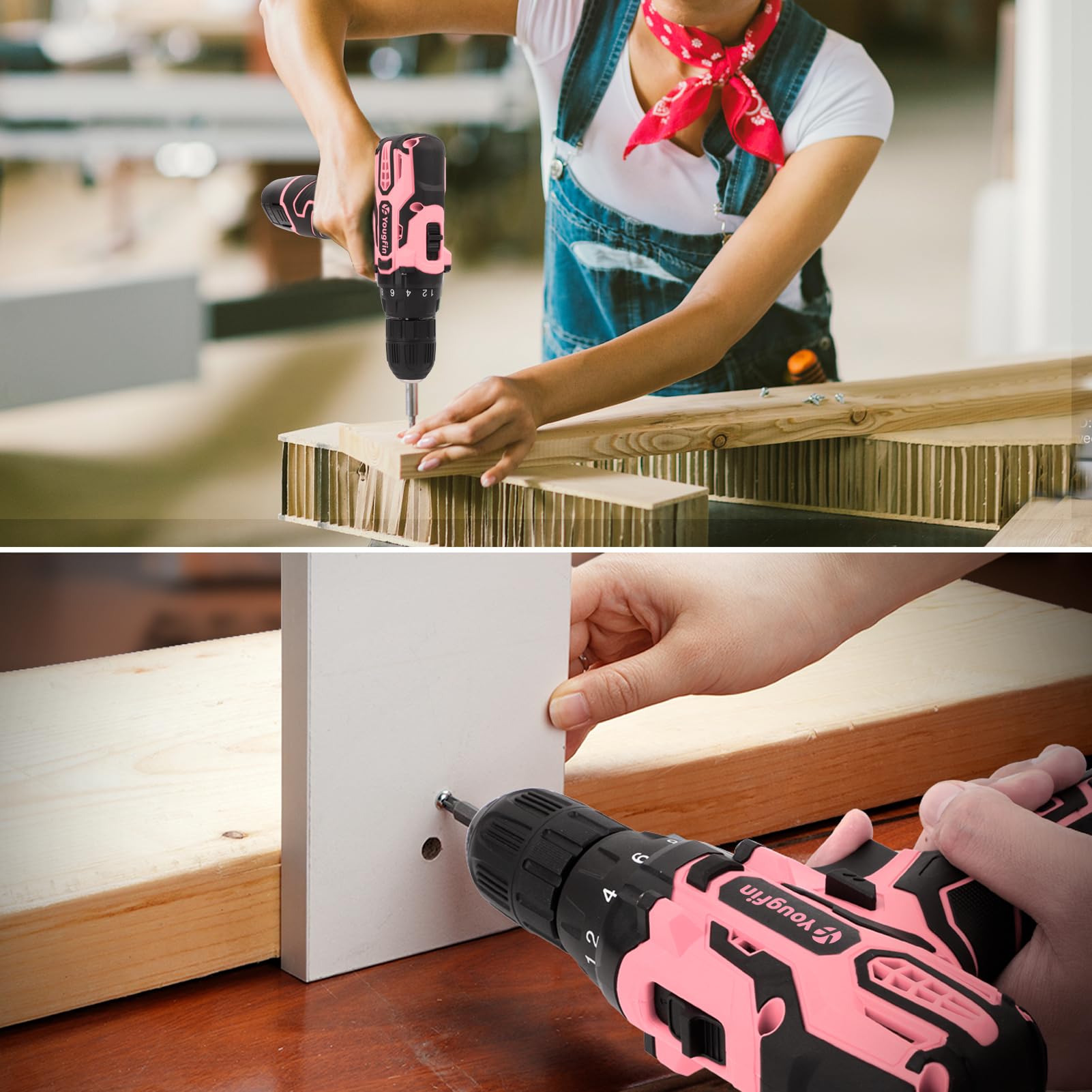 YOUGFIN 12V Pink Cordless Drill Set for Women - 195-Piece Home & Office Repair Tool Kit with Pink Tool Box - Perfect for DIY Projects, Furniture Assembly, and Household Improvements