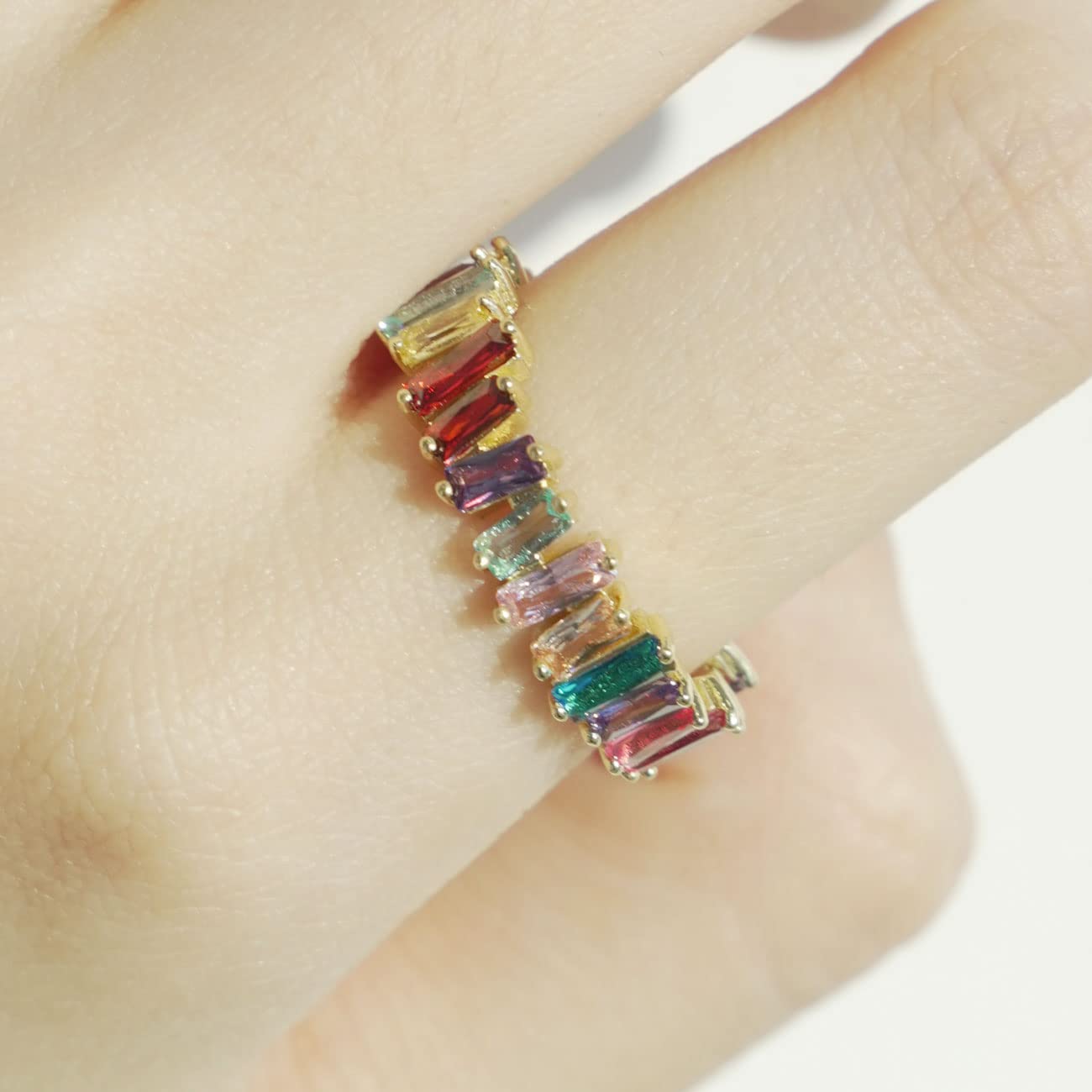 18K Gold Plated Rainbow Eternity Ring for Women - Multicolor Cubic Zirconia Baguette Wedding Band, Anniversary Gift, Stackable Ring for Everyday Wear & Special Occasions