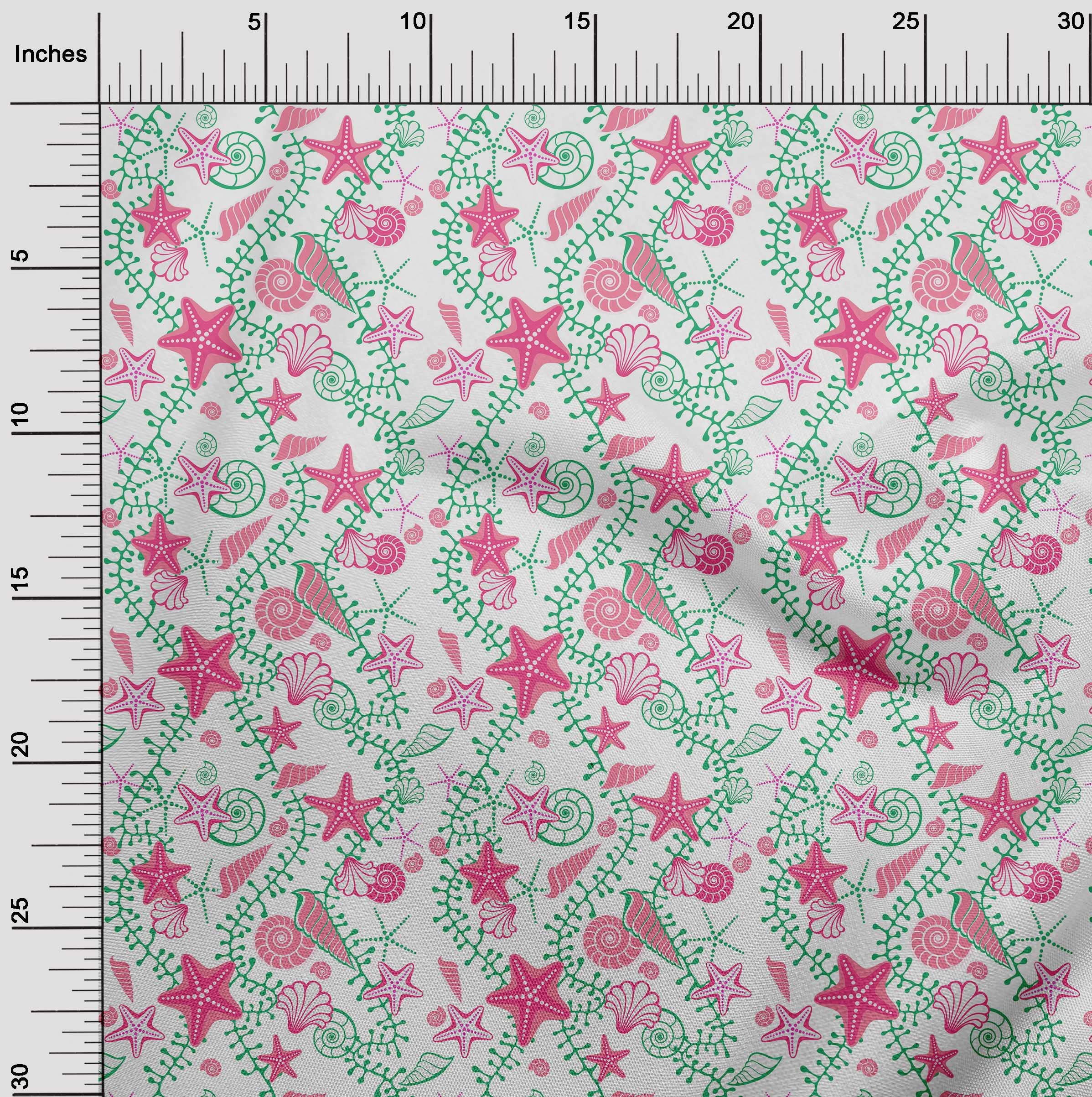 oneOone Cotton Flex Pink Fabric - Beach Starfish & Shell Print Dress Material by The Yard, 40 Inch Wide | Perfect for Summer Dresses, Swim Coverups & DIY Craft Projects