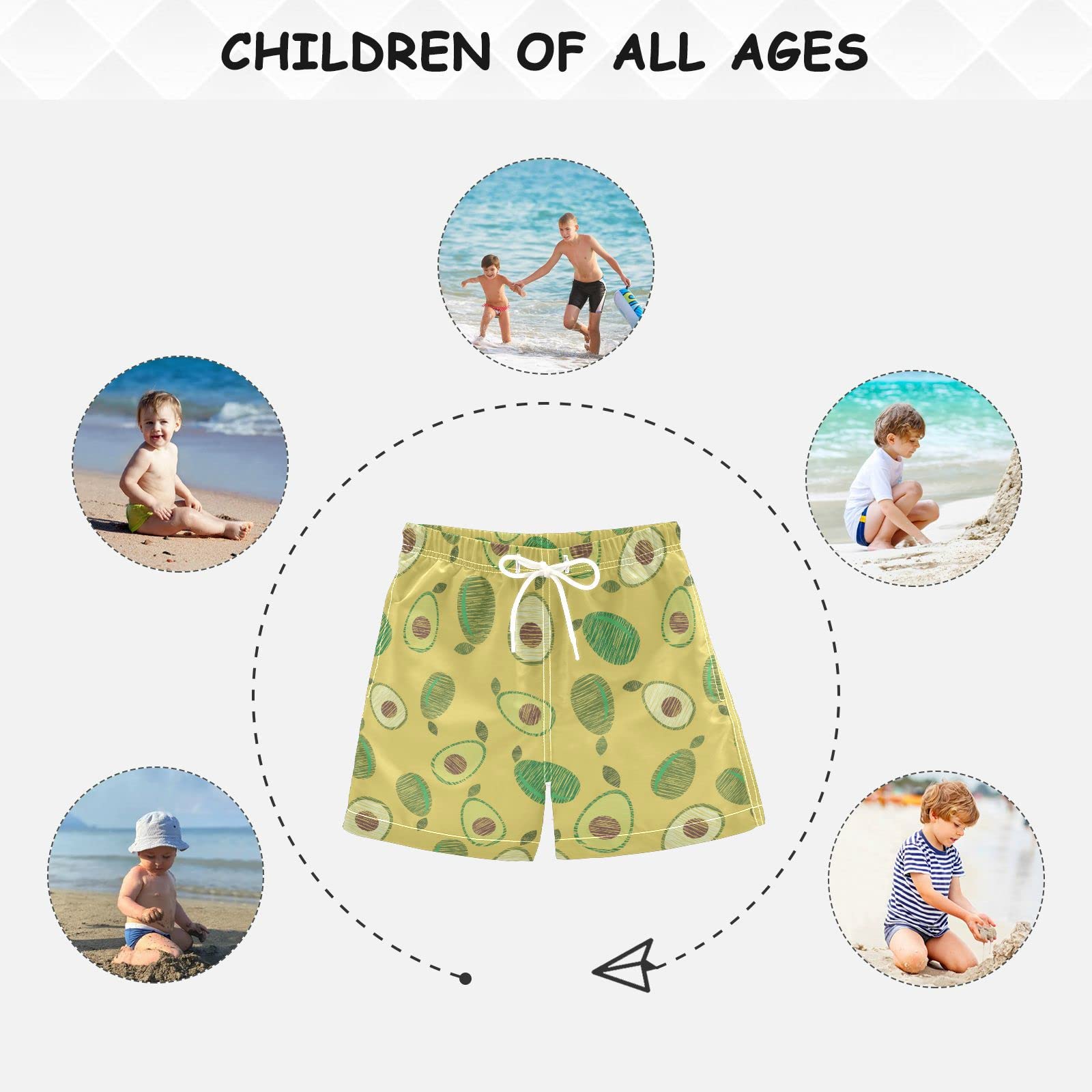 Susiyo Hand Drawn Avocado Boys Swim Trunks - Quick Dry Toddler Swim Shorts for Beach, Pool & Water Play | Cute Summer Swimwear for Kids