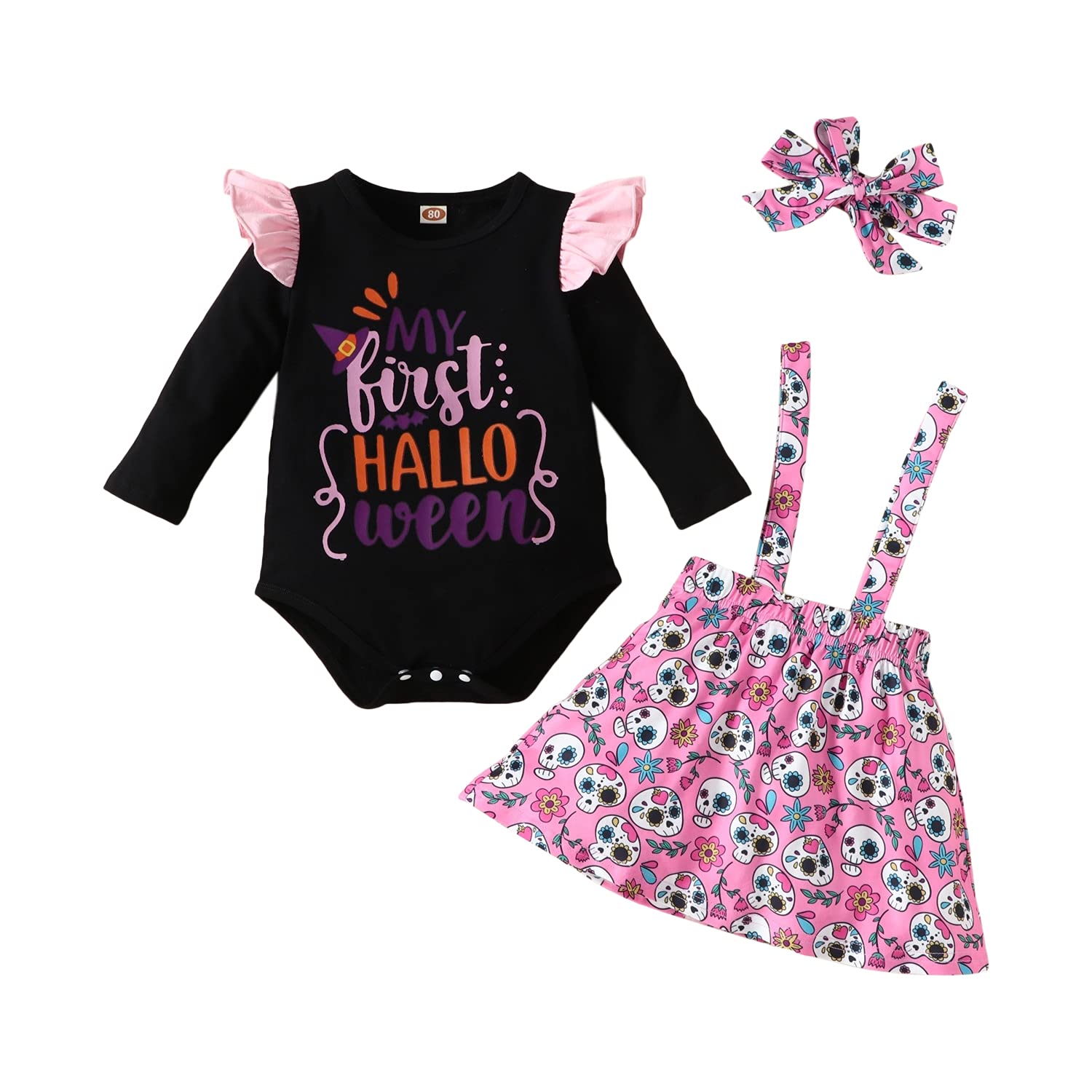 3Pcs Toddler Baby Girls Outfits Set - Long Sleeve Romper with Letter Print, Adjustable Suspenders Skirt & Headband | Cute Playtime, Birthday Party & Photo Shoot Outfits