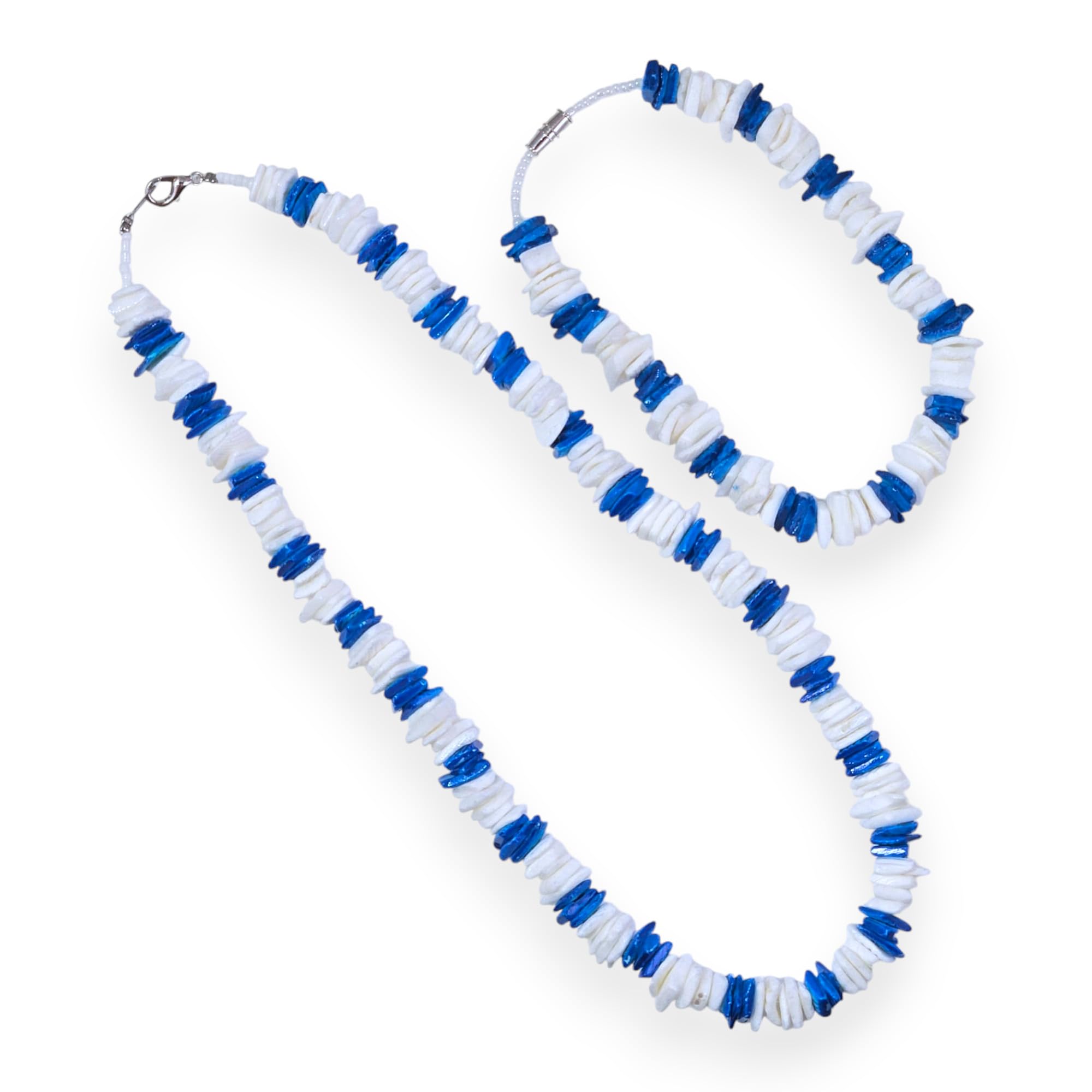BlueRica Puka Shell Chips Necklace & Anklet Set - Natural Beach Shell Jewelry for Women, Boho Style Layered Necklace and Anklet, Perfect for Summer Vacation, Beach Party & Festival Accessories
